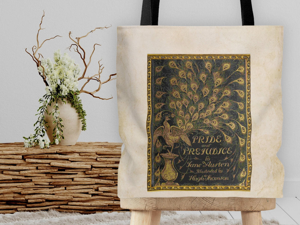 Pride and Prejudice tote bag with the 1894 Peacock edition cover by Hugh Thomson in a gilded frame