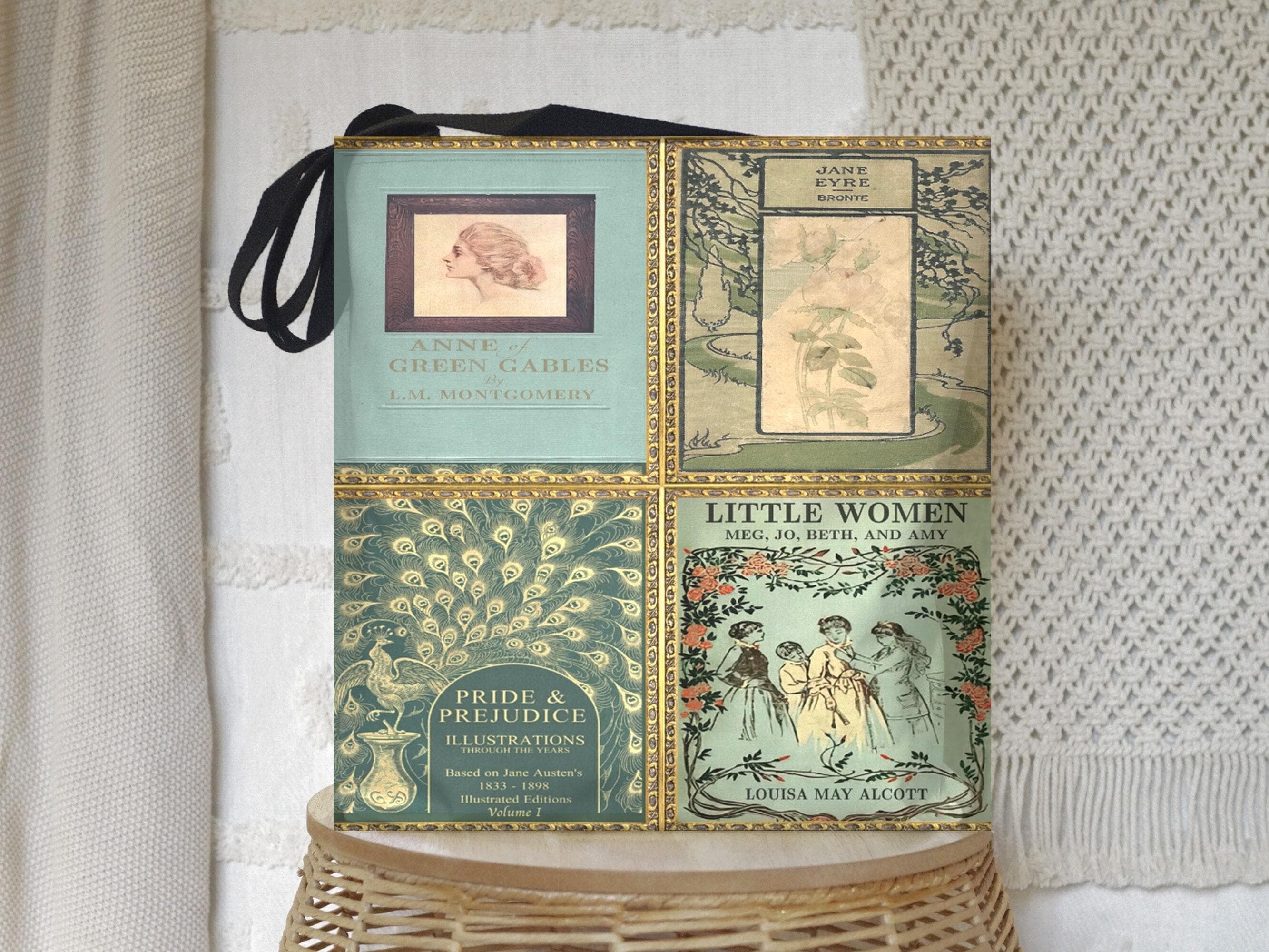 Cottagecore Pride and Prejudice Jane Austen Tote Bag With Vintage Book Covers, Anne of Green Gables, Little Women, Jane Eyre, Reader Gift