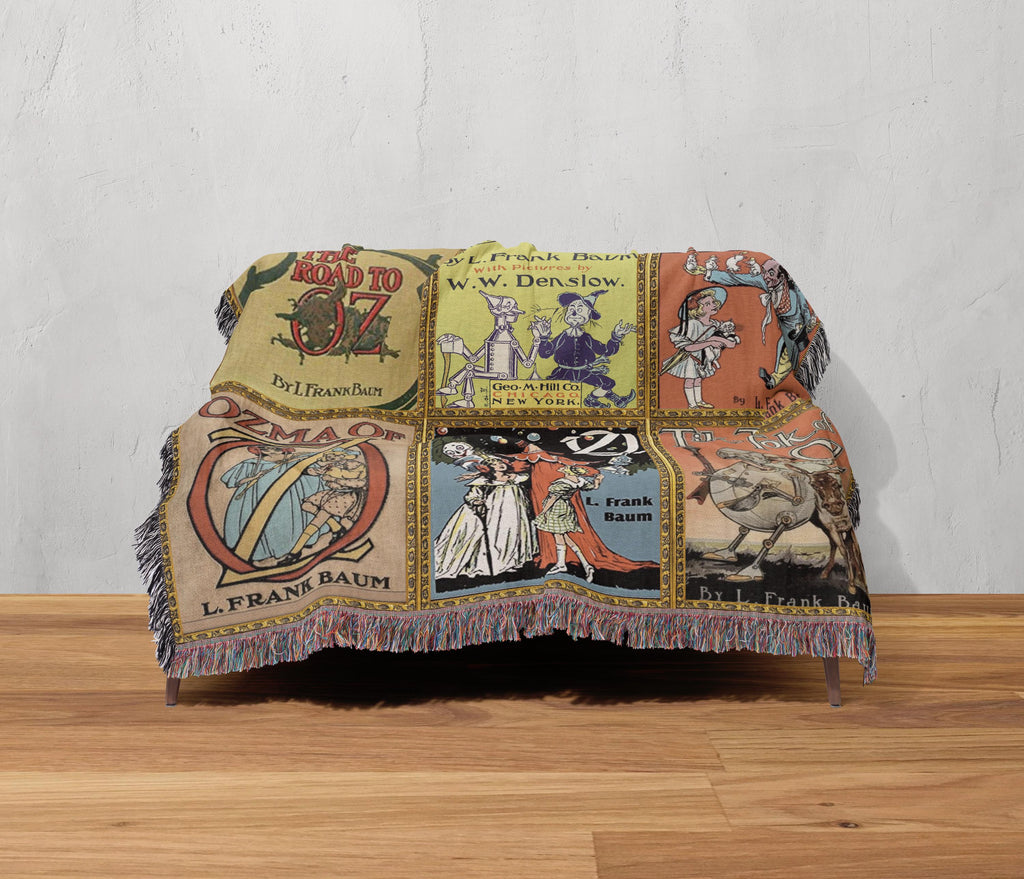 Wizard of Oz Woven Throw Blanket, Vintage Book Cover Art Tapestry, Classical Literature Gift