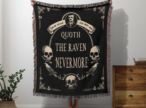 Edgar Allan Poe Raven Tapestry, Woven Blanket Gift for Bibliophile Book Lover, Gothic Dark Academia Wall Hanging, Crow Blanket Throw