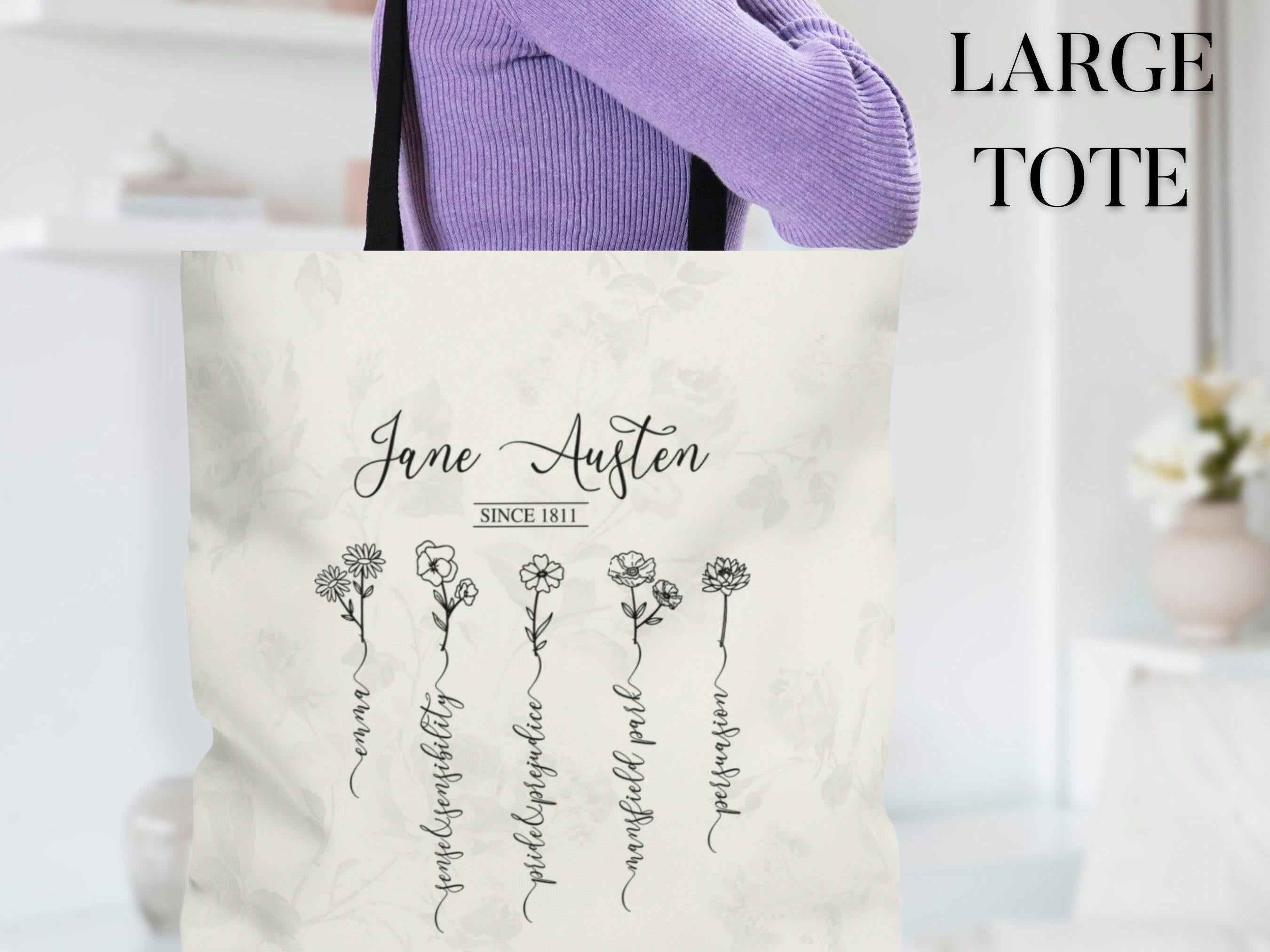 Jane Austen Pride and Prejudice Book Tote Bag, Jane Austen Wildflowers Book Merch, Book Worm Gift, Emma, Cottagecore Bag, Mr Darcy, Bookish