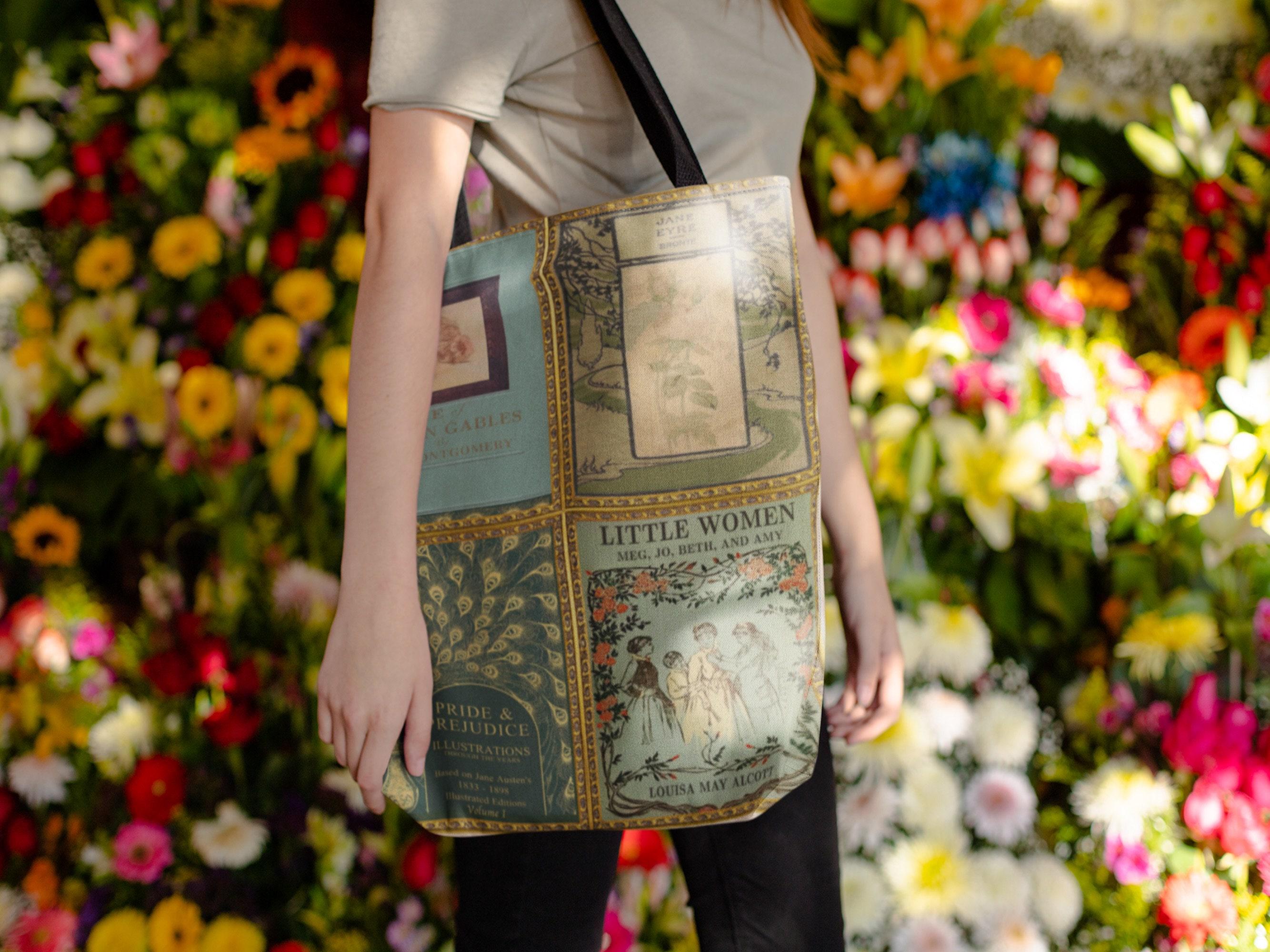 Cottagecore Pride and Prejudice Jane Austen Tote Bag With Vintage Book Covers, Anne of Green Gables, Little Women, Jane Eyre, Reader Gift