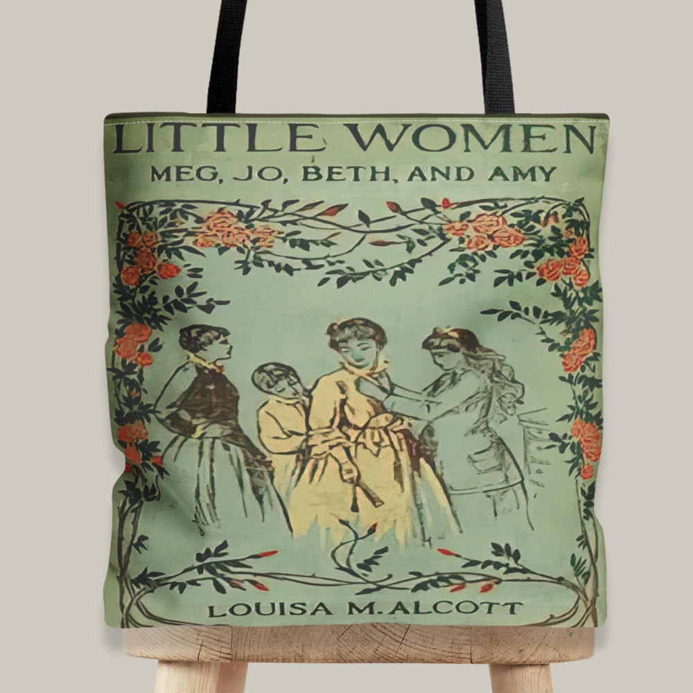 Little Women tote bag for teachers with the vintage cover naming Meg, Jo, Beth, and Amy