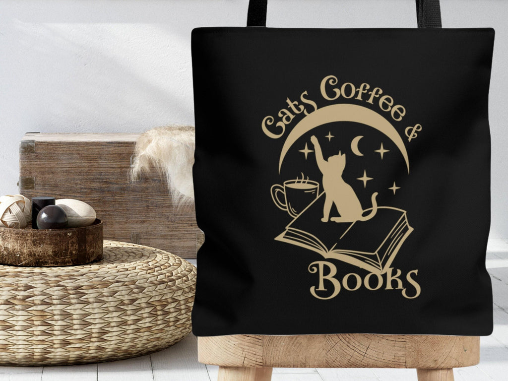 Cats Coffee Books Tote Bag With Magical Moon, Cat Tote Bag, Book Lover Tote, Market Bag, Dark Academia Bag, Tote Bag for Teacher, Book Merch