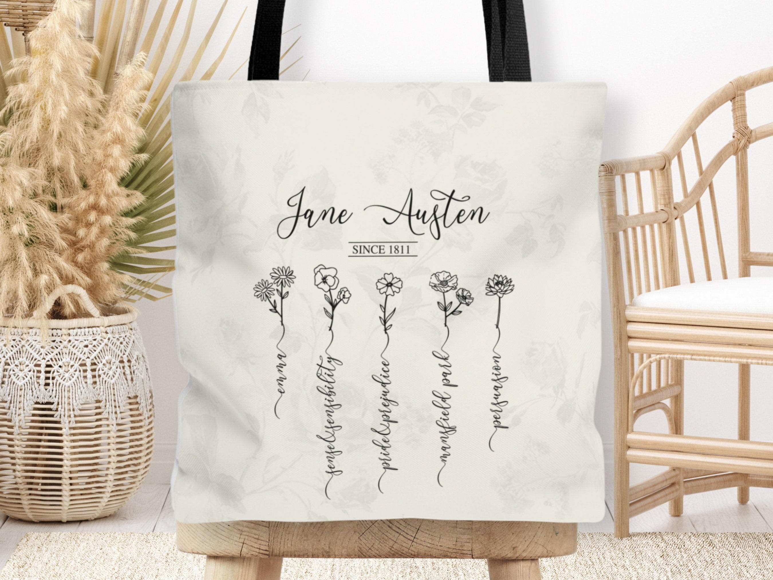Jane Austen Pride and Prejudice Book Tote Bag, Jane Austen Wildflowers Book Merch, Book Worm Gift, Emma, Cottagecore Bag, Mr Darcy, Bookish