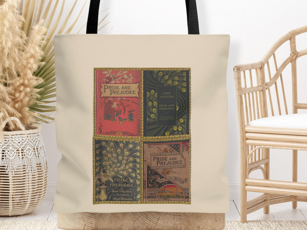 Pride and Prejudice tote bag with four vintage book covers including the 1894 Peacock edition