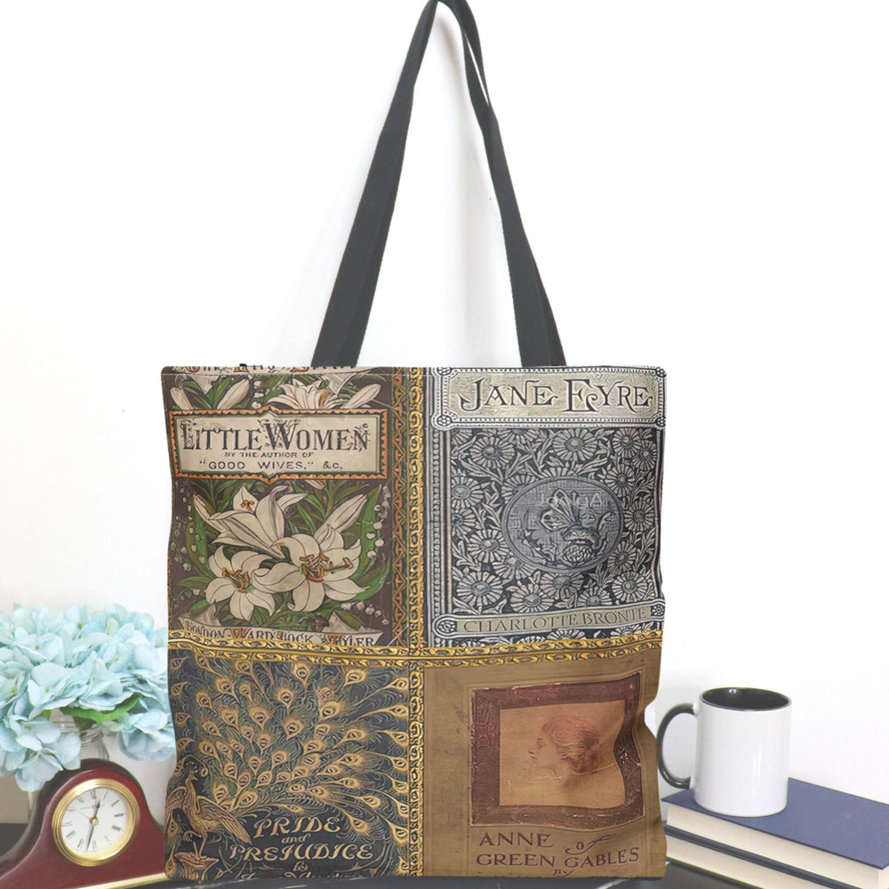Vintage book covers tote bag showing Little Women, Jane Eyre, Pride and Prejudice, and Anne of Green Gables covers