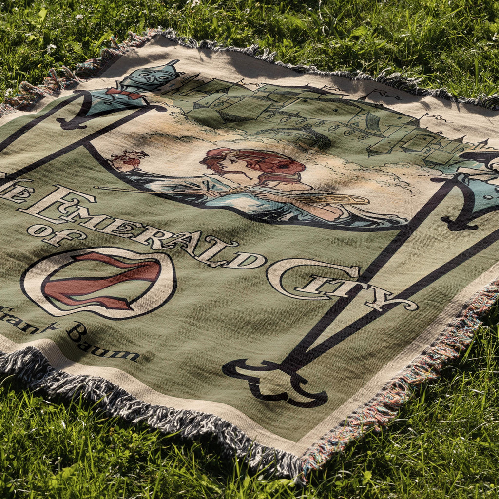 Wonderful Wizard of Oz Vintage Book Cover Woven Blanket, Classic Emerald City of Oz Tapestry, Retro Oz Movie Fans Throw Blanket