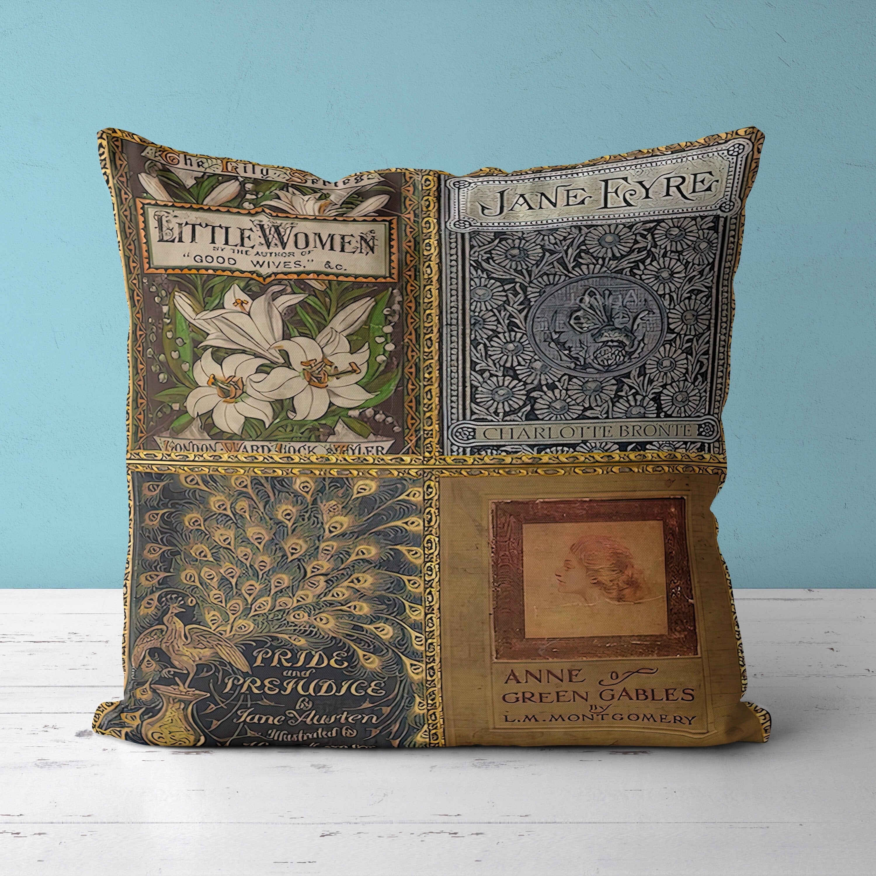 Literary Bookworm Reading Gift, Vintage Book Covers Pillow Case, Jane Austen Anne of Green Gables Pride Prejudice Decor Pillowcase