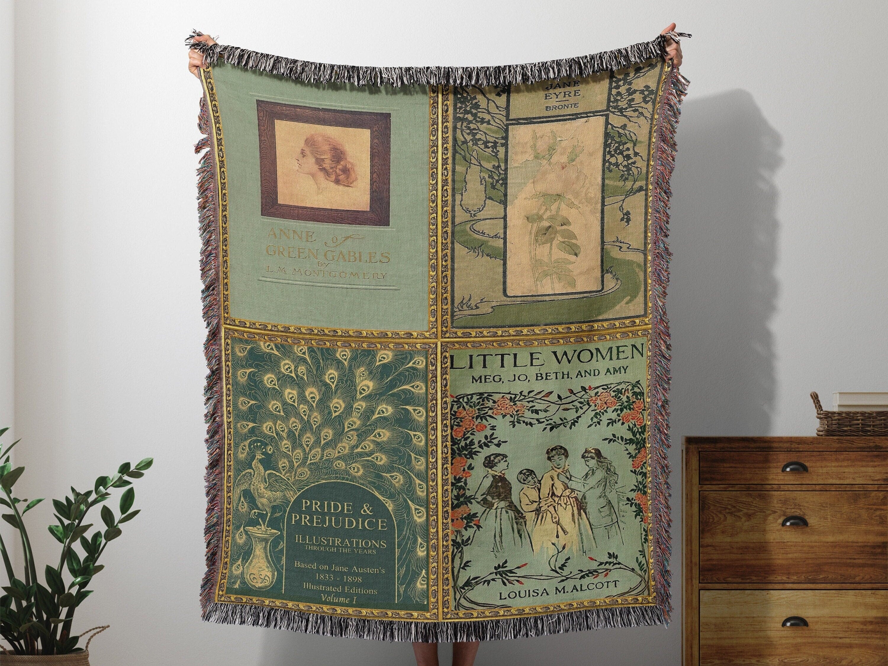 Literary Classics Woven Throw Blanket - Jane Eyre, Little Women, Pride & Prejudice - Book Lover Gift
