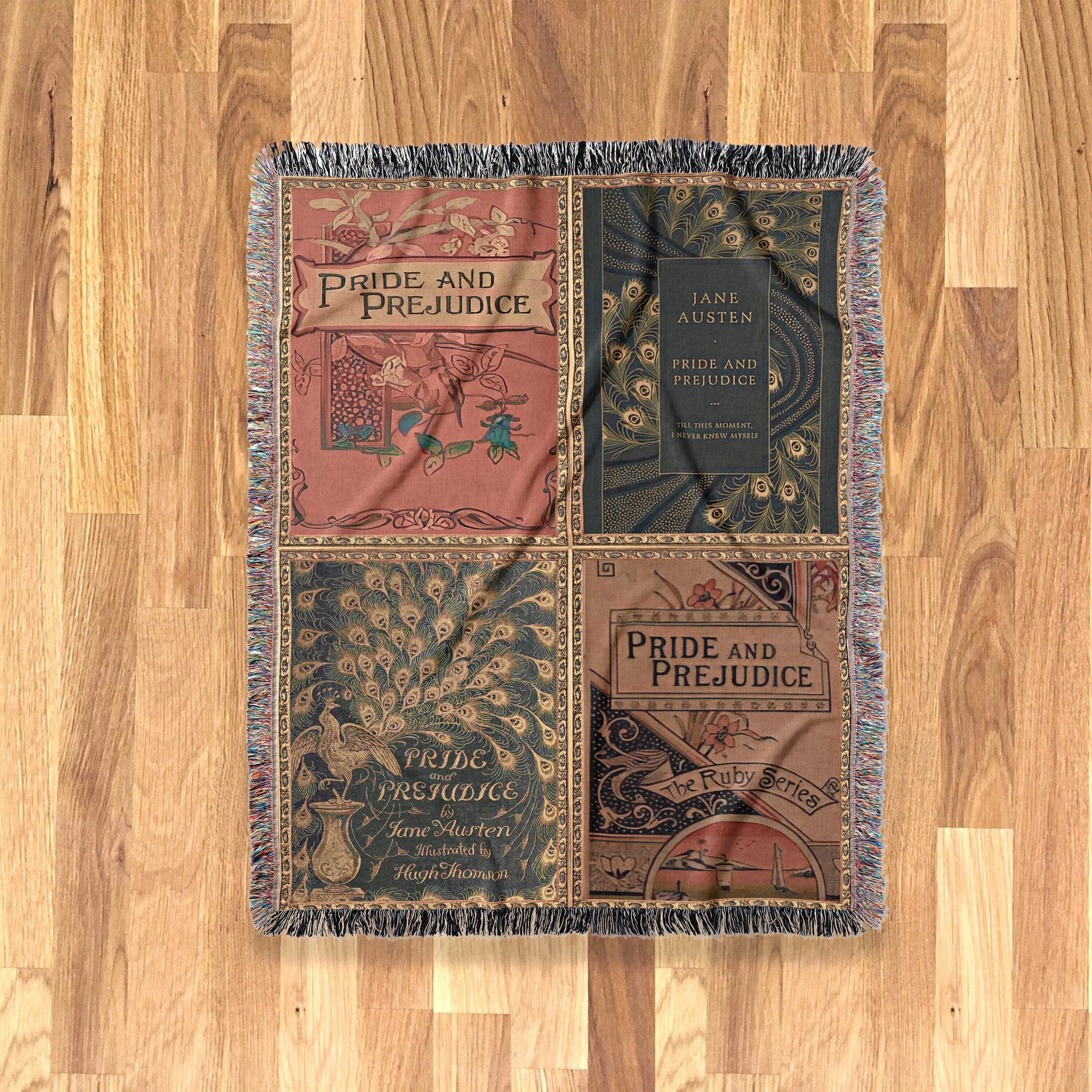 Jane Austen Blanket Tapestry, Vintage Pride and Prejudice Woven Literary Blanket, Vintage Book Cover Throw Blanket, Jane Austen Gift