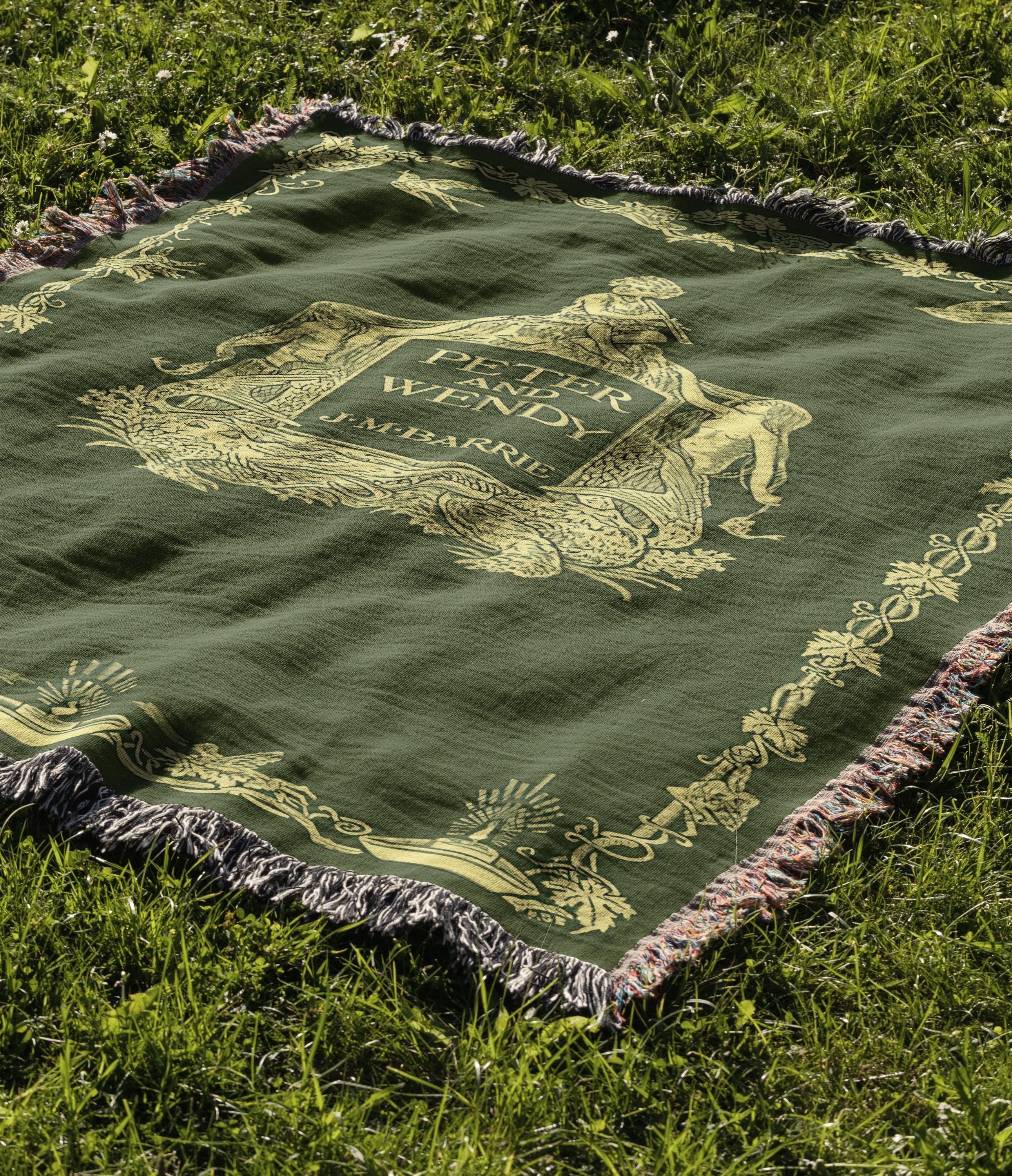 Classic Peter Pan Book Cover Woven Blanket, Vintage Green Peter Pan Throw for Nursery, Peter and Wendy Wall Decor Tapestry