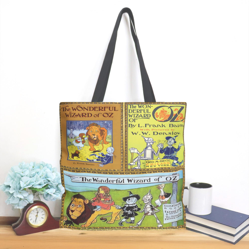 Wizard of Oz tote bag with three vintage Wonderful Wizard of Oz cover designs printed edge to edge