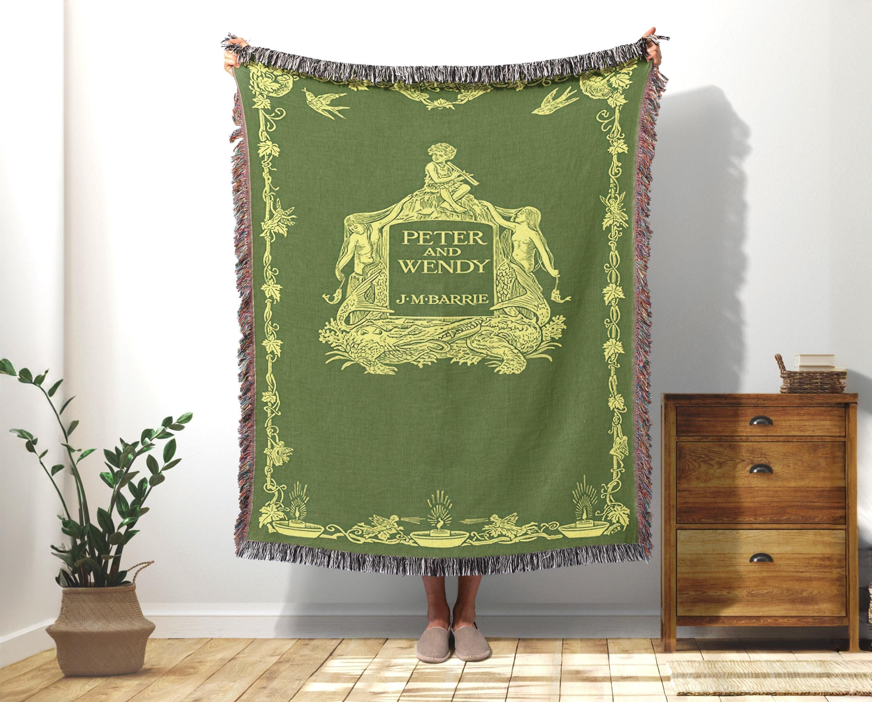 Classic Peter Pan Book Cover Woven Blanket, Vintage Green Peter Pan Throw for Nursery, Peter and Wendy Wall Decor Tapestry