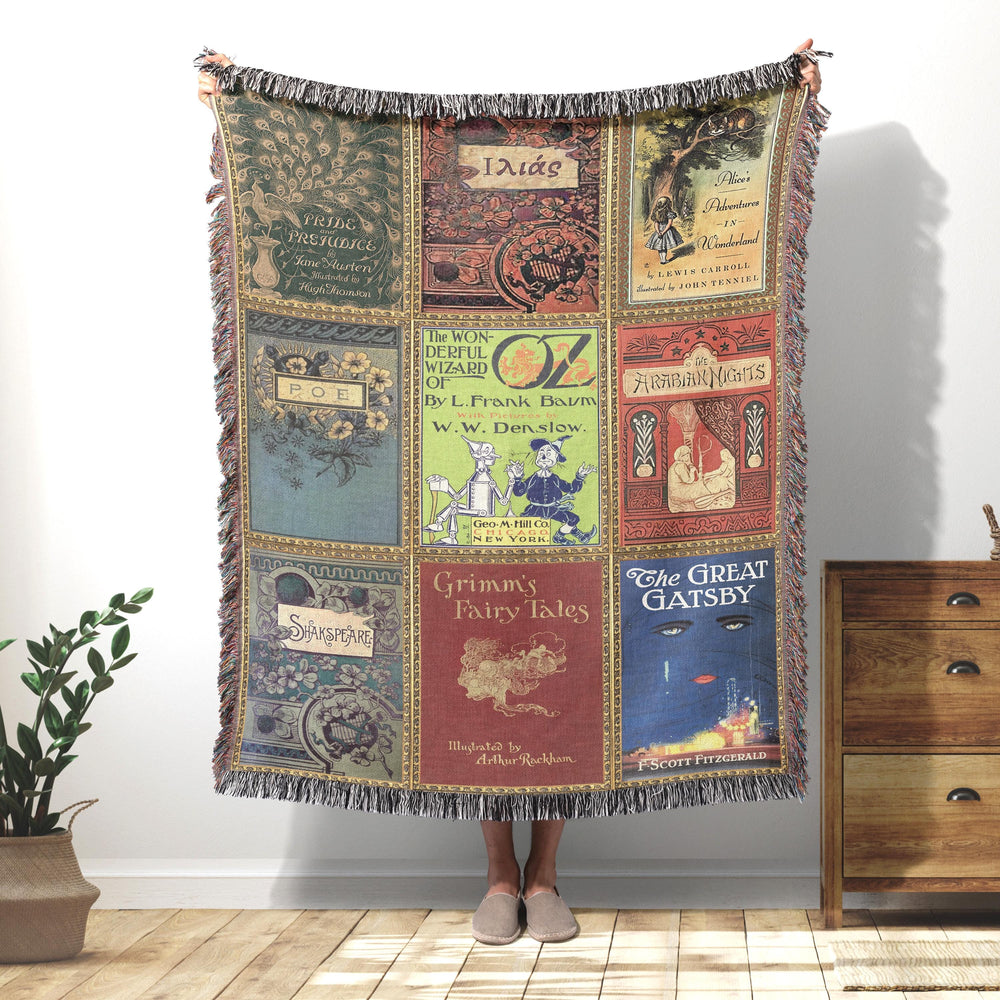 Vintage book covers woven throw blanket with nine classic covers including the Wizard of Oz, Alice in Wonderland, and The Great Gatsby