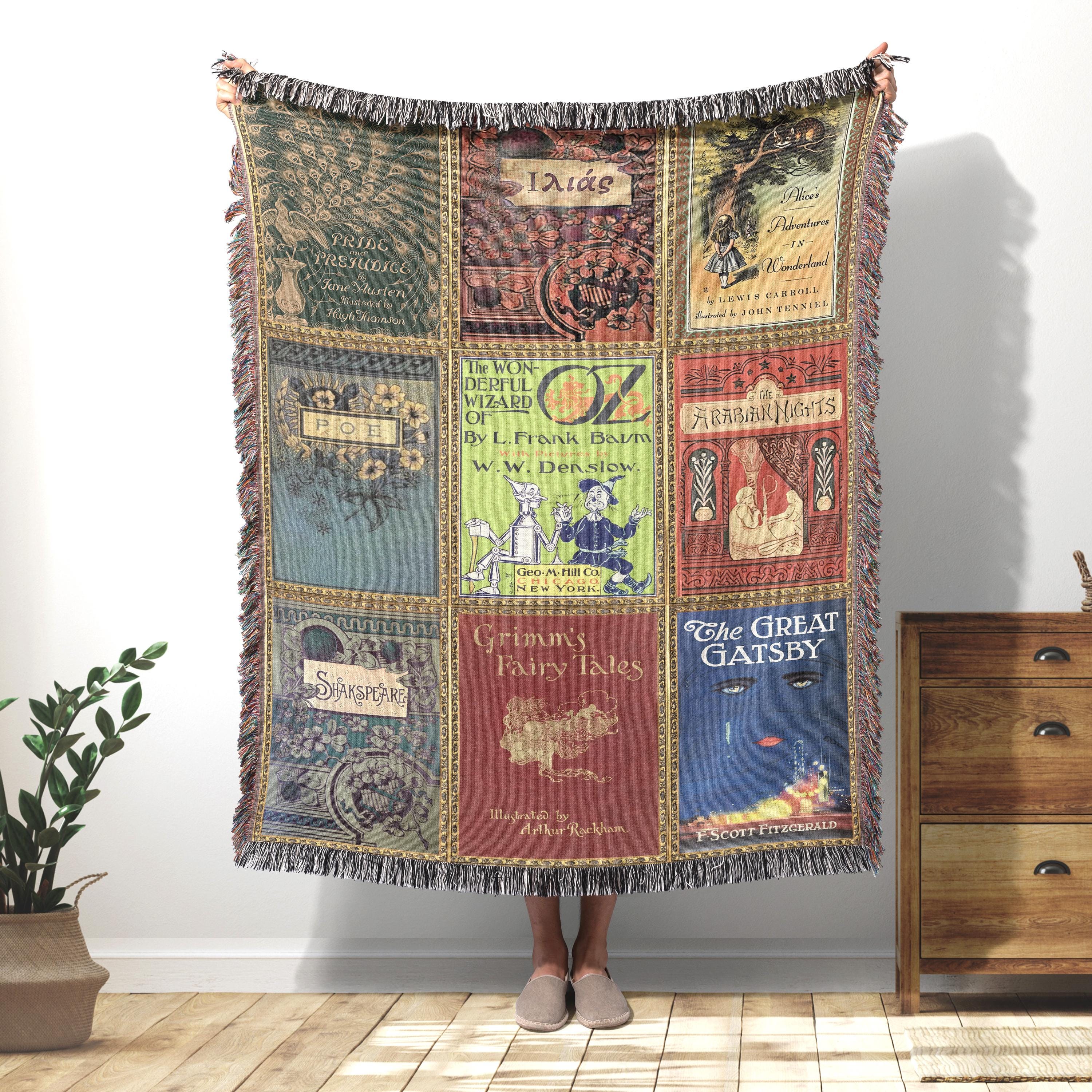Vintage Book Covers Blanket, Woven Throw Blanket Featuring Pride & Prejudice Poe Great Gatsby Wizard of Oz Shakespeare Alice in Wonderland