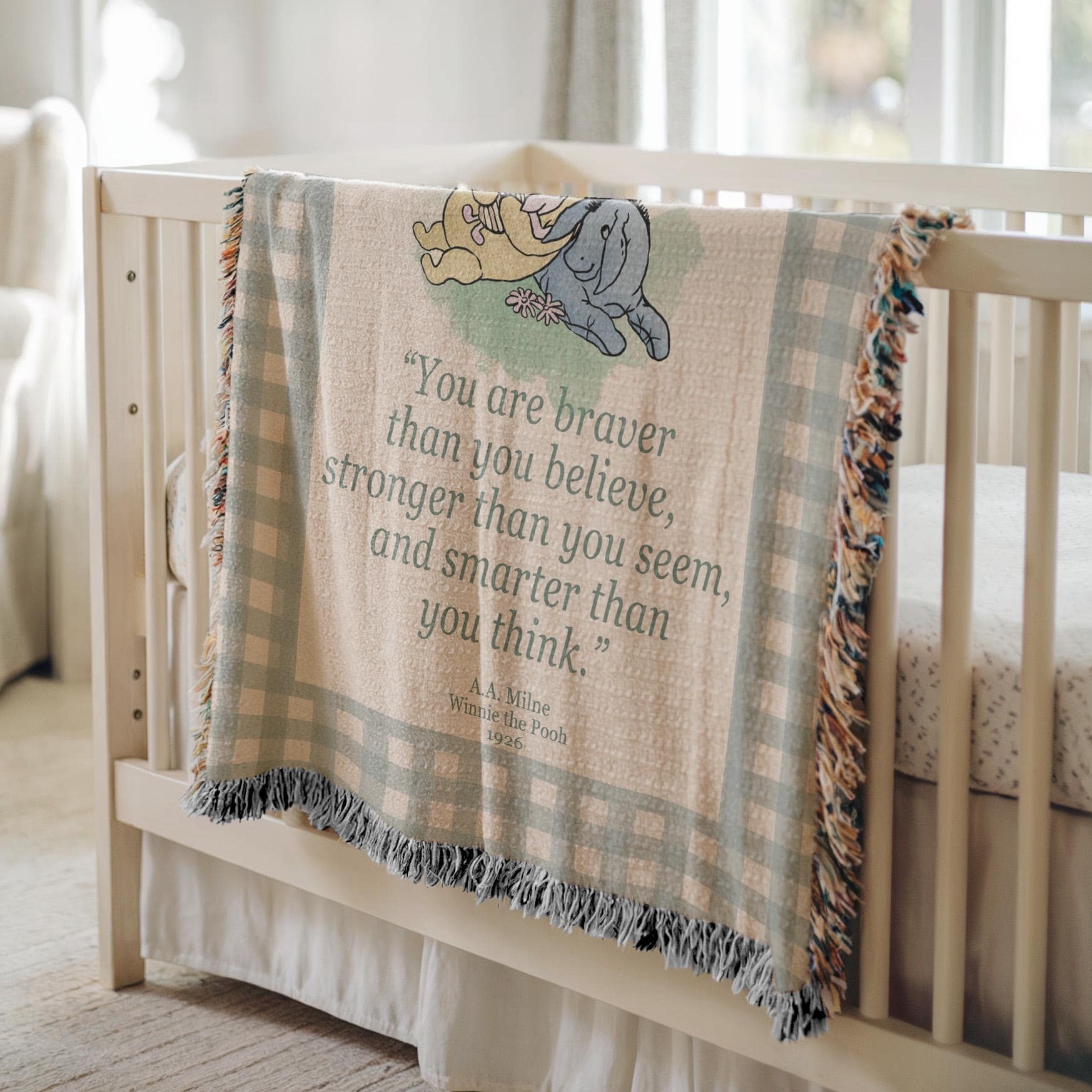 Classic Winnie the Pooh Woven Blanket, Vintage Pooh Bear Nursery Blanket, AA Milne Quote Braver Than You Believe Throw Blanket, Bookish Gift