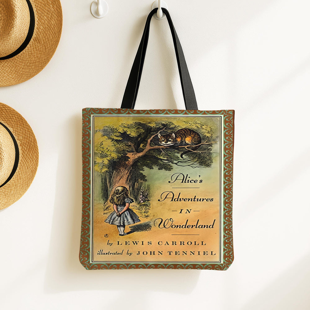 Alice in Wonderland tote bag with the classic cover of Alice and the Cheshire Cat by John Tenniel