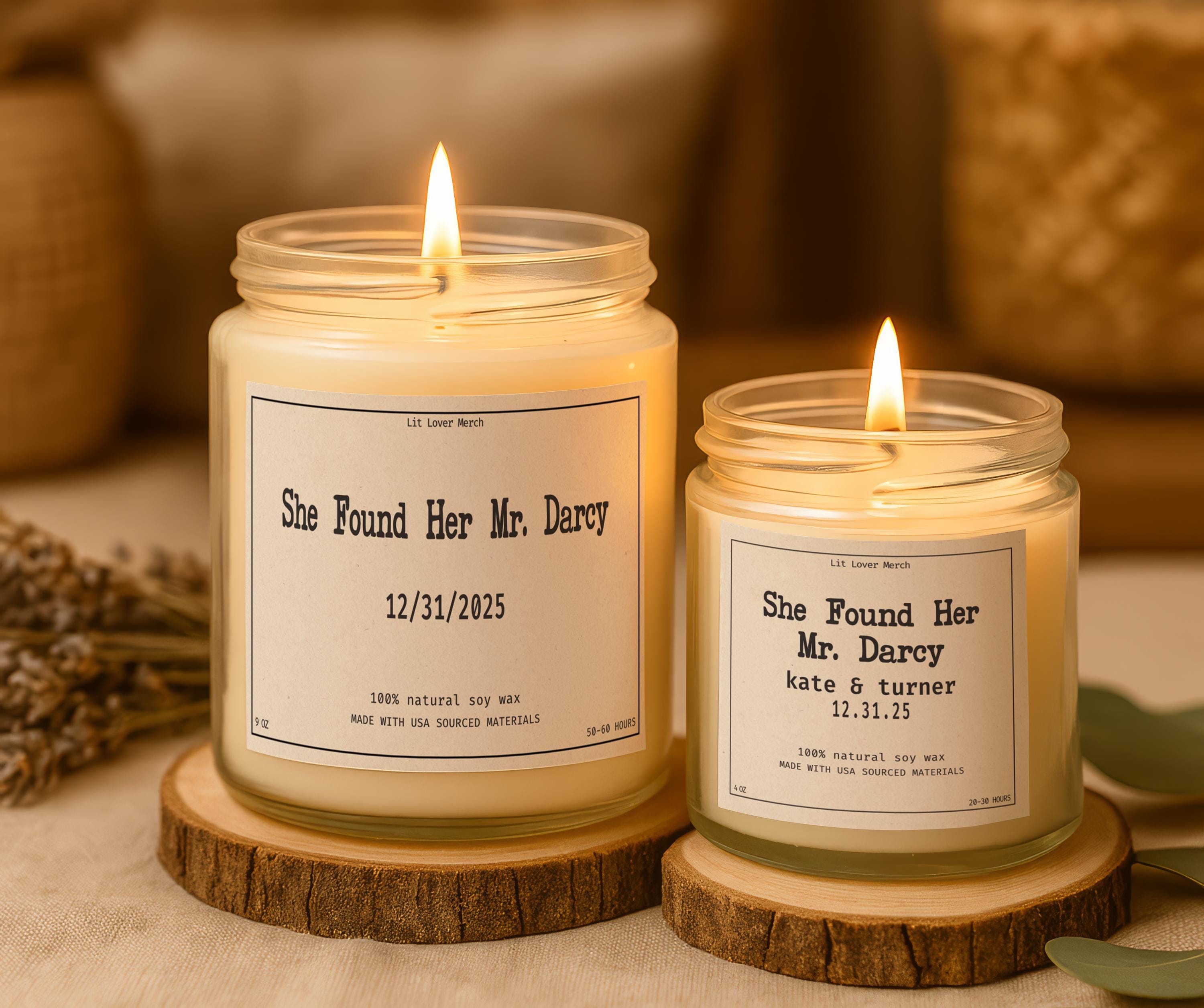 Personalized Wedding or Engagement Candle, She Found Her Mr Darcy Candle, Custom Jane Austen Bridal Shower Gift, Anniversary Candle