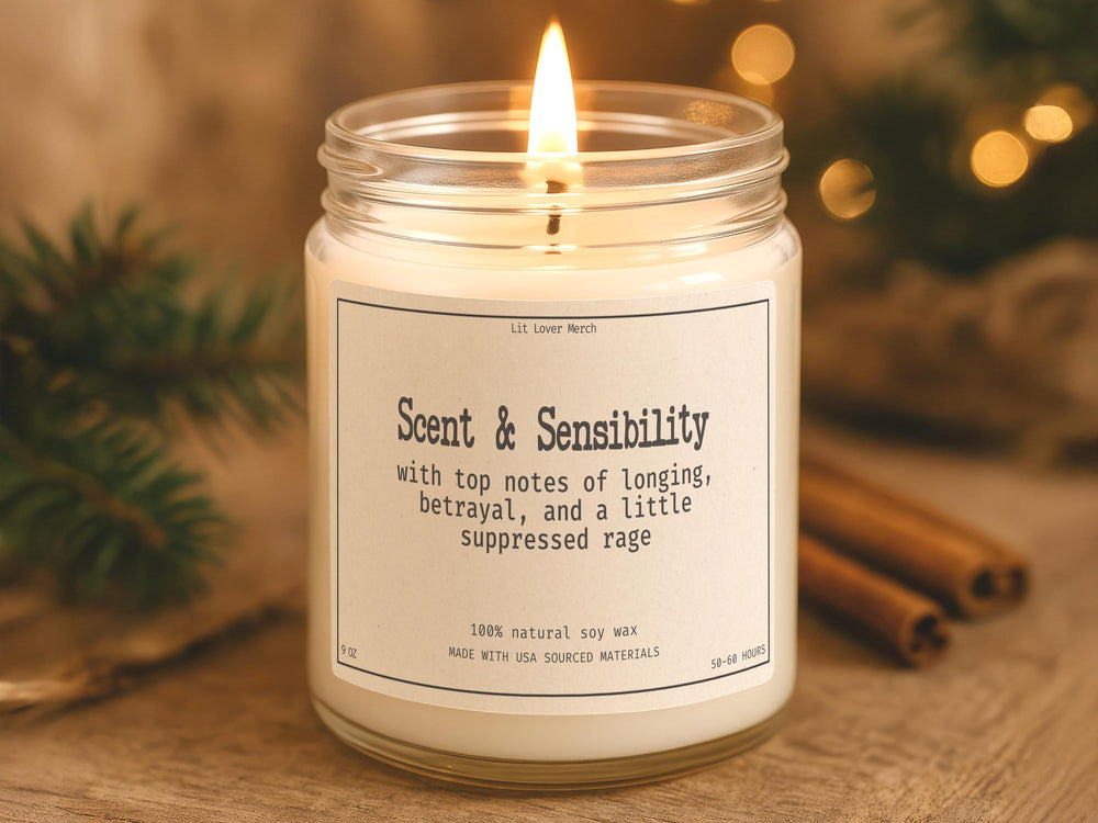 Scent and Sensibility soy candle with funny Jane Austen label