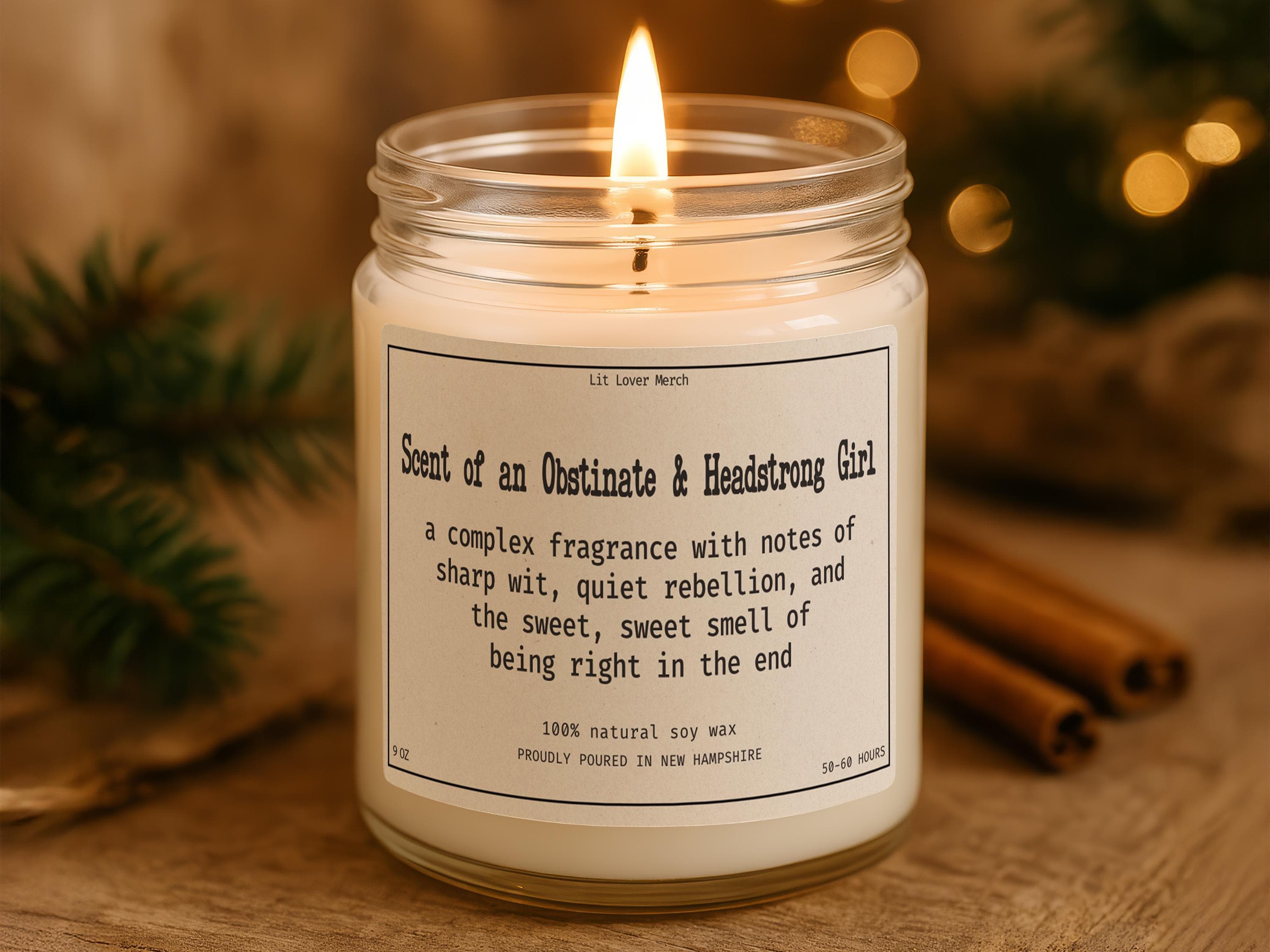 Jane Austen Candle Obstinate Headstrong Girl, 4 oz & 9 oz Funny Janeite Jar Candle, Punny Literary Book Lover Gift, Bookish Reader Present