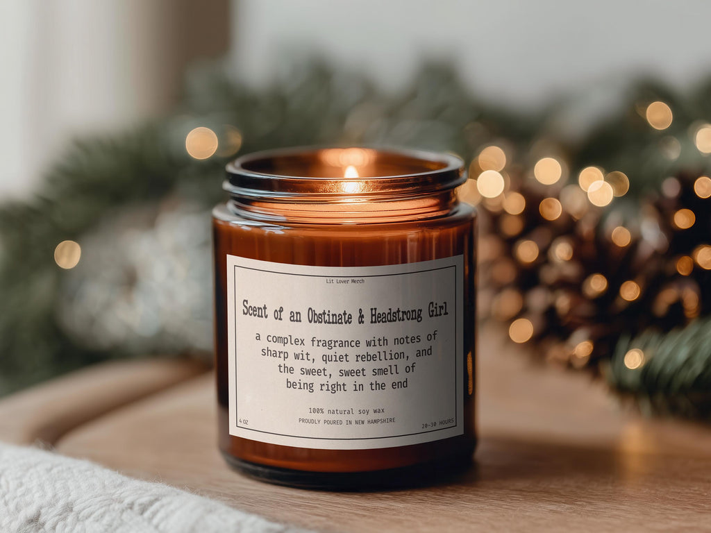 Jane Austen Candle Obstinate Headstrong Girl, 4 oz & 9 oz Funny Janeite Jar Candle, Punny Literary Book Lover Gift, Bookish Reader Present