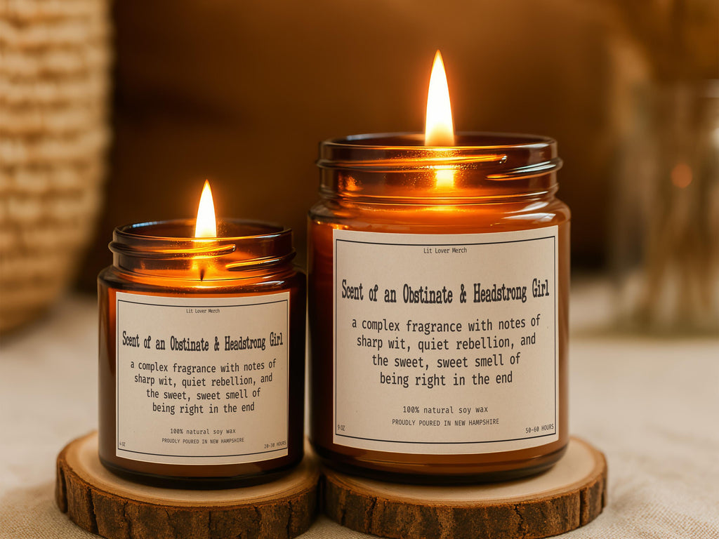 Jane Austen Candle Obstinate Headstrong Girl, 4 oz & 9 oz Funny Janeite Jar Candle, Punny Literary Book Lover Gift, Bookish Reader Present