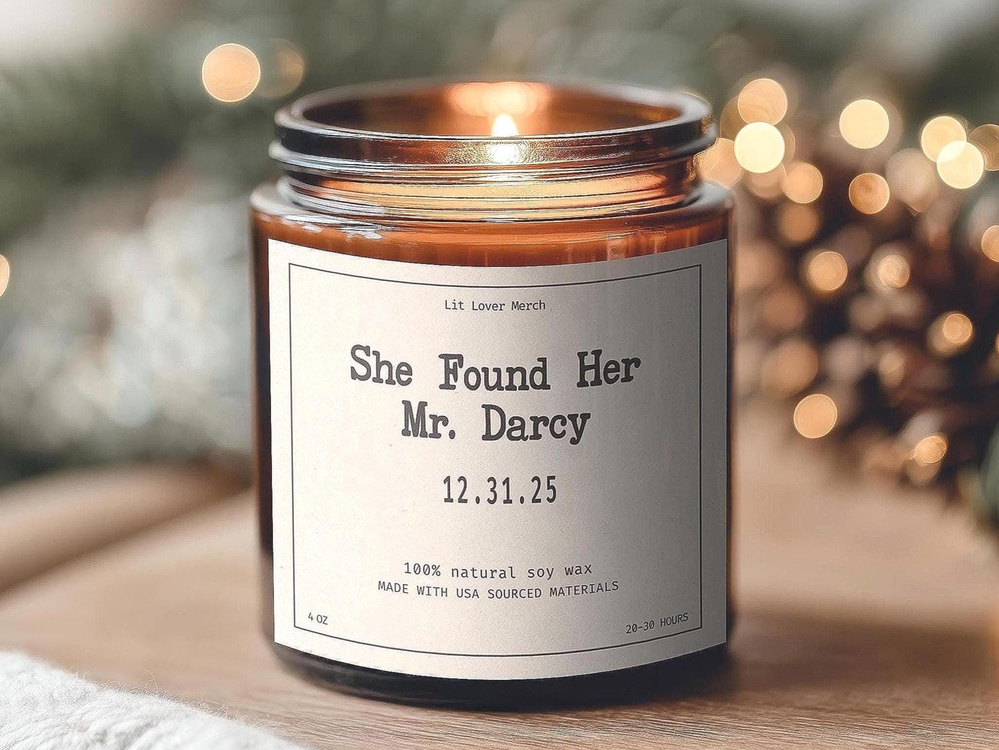 Personalized Wedding or Engagement Candle, She Found Her Mr Darcy Candle, Custom Jane Austen Bridal Shower Gift, Anniversary Candle