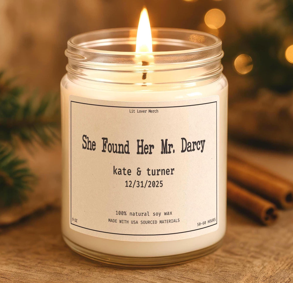 Personalized She Found Her Mr Darcy wedding candle with names and date
