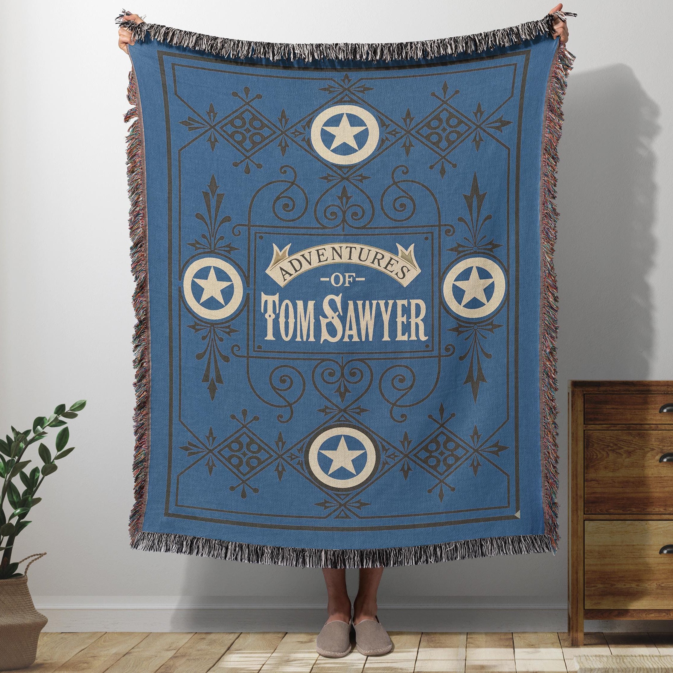 Tom Sawyer Woven Blanket, Mark Twain Literary Girl Tapestry, Classic Americana Decor, Lit Book Cover Art, Cozy Reading Book Lover Gift