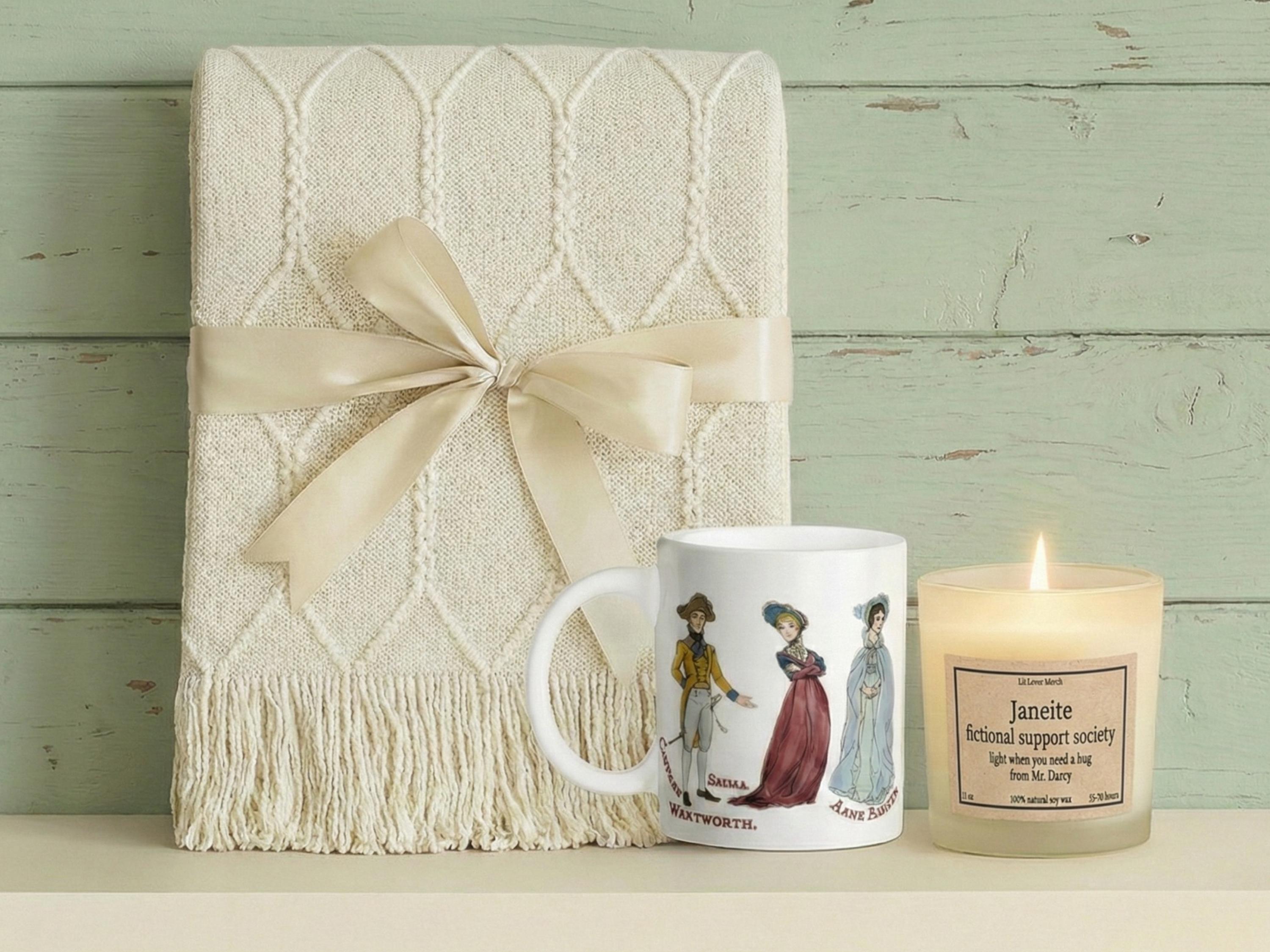 Jane Austen Comfort Characters Care Package, Janeite Hug in a Box Cozy Blanket Mug and Candle Gift Box for Book Lovers Classic Lit Readers