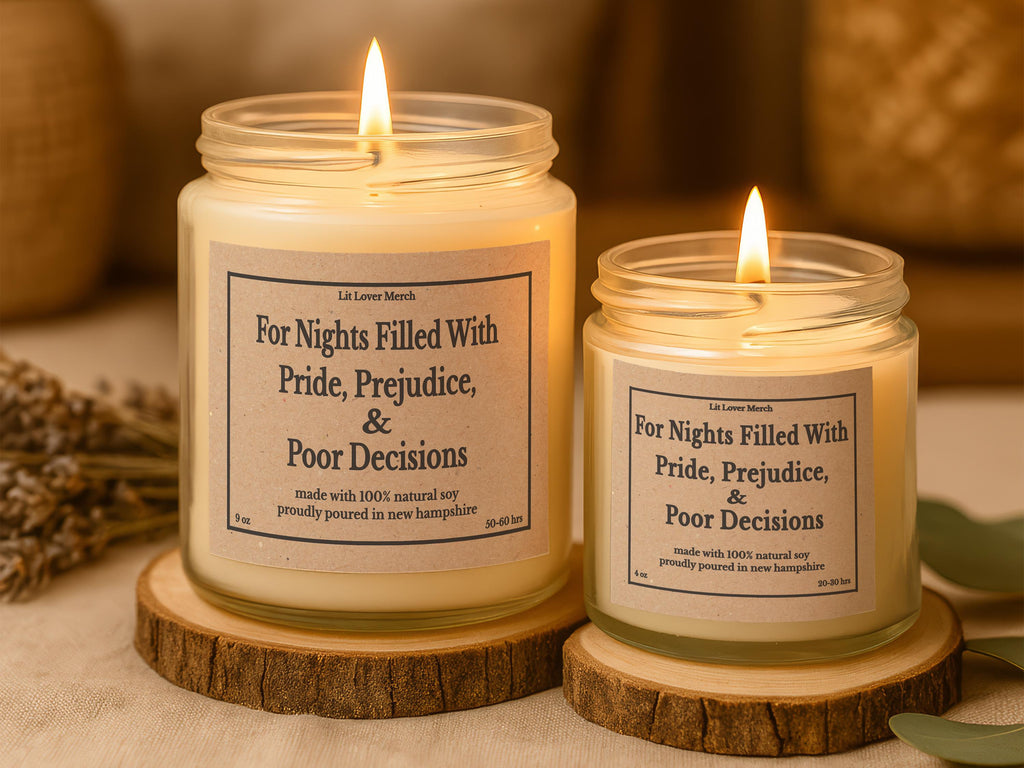 Jane Austen Candle 4 & 9 13oz Pride Prejudice Funny Janeite Jar Candle, Punny Literary Book Lover Gift, Bookish Reader Present