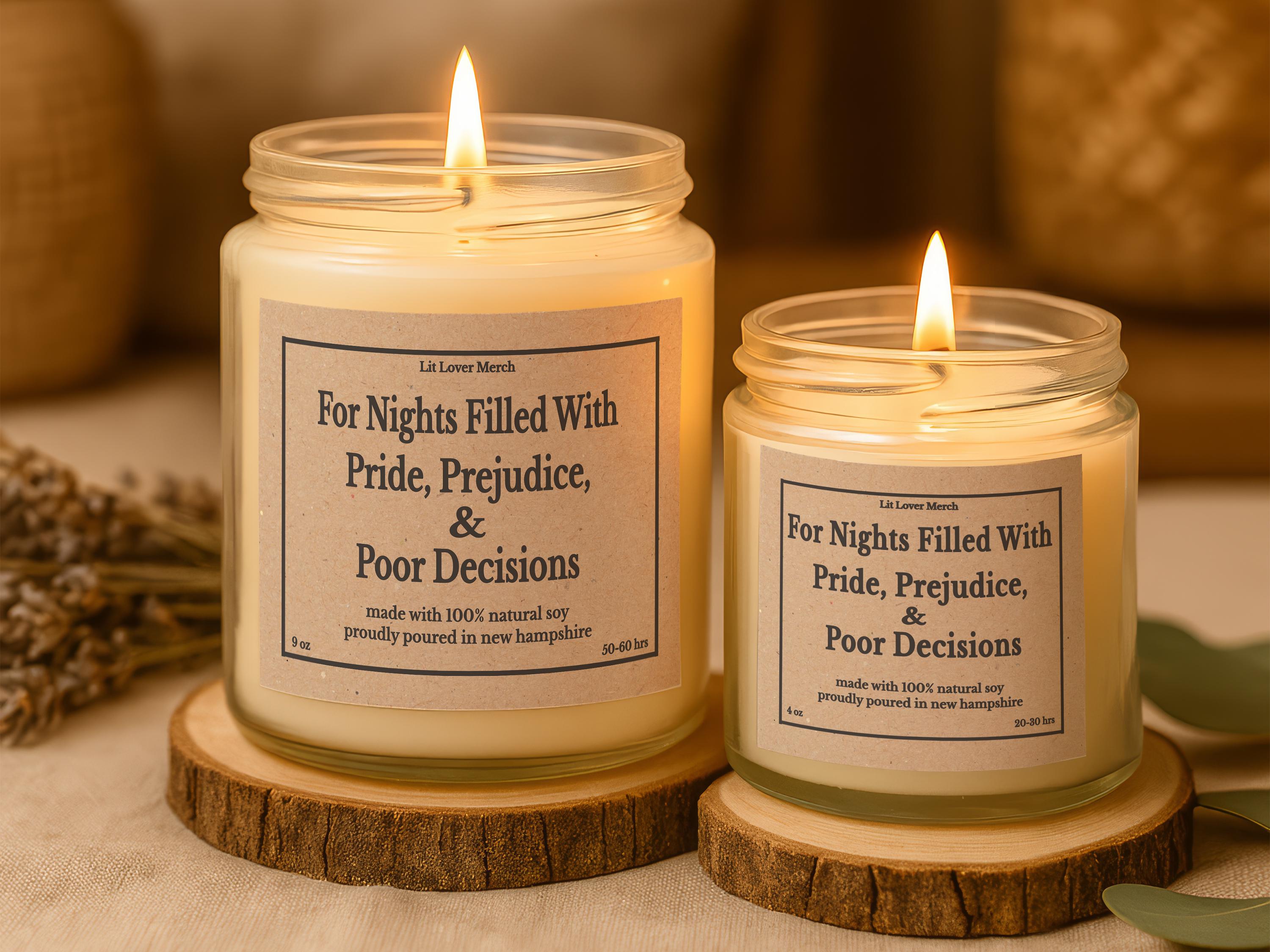 Jane Austen Candle 4 & 9 13oz Pride Prejudice Funny Janeite Jar Candle, Punny Literary Book Lover Gift, Bookish Reader Present