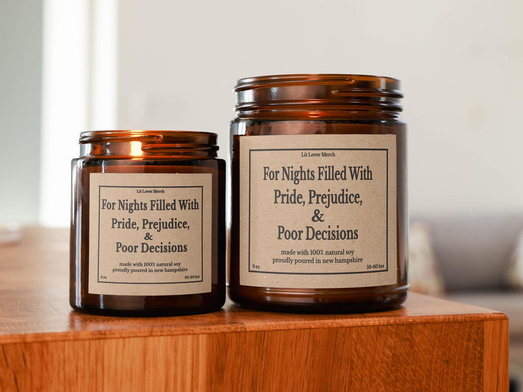 Jane Austen Candle 4 & 9 13oz Pride Prejudice Funny Janeite Jar Candle, Punny Literary Book Lover Gift, Bookish Reader Present