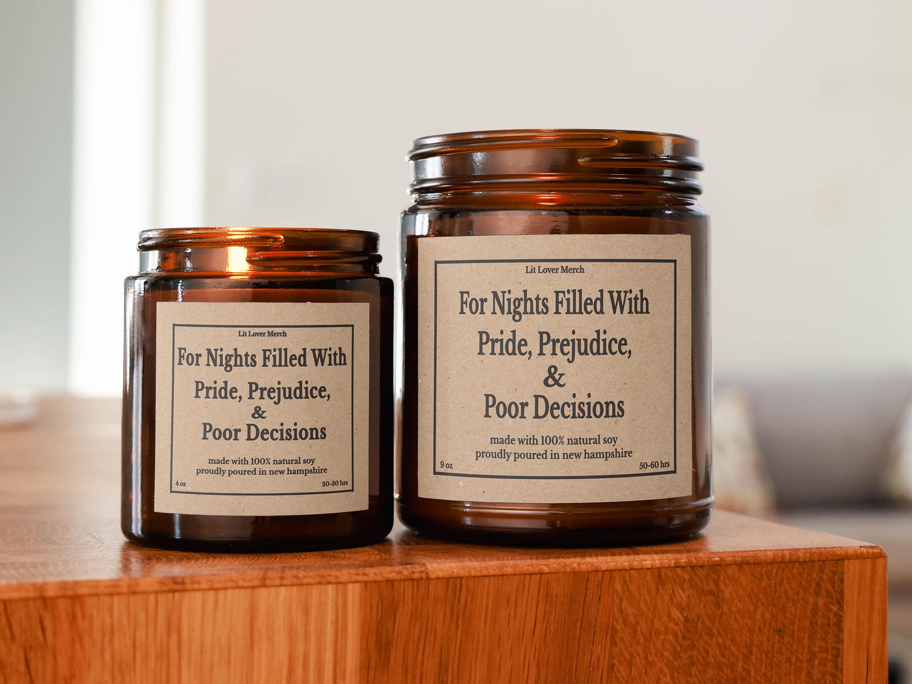 Jane Austen Candle 4 & 9 13oz Pride Prejudice Funny Janeite Jar Candle, Punny Literary Book Lover Gift, Bookish Reader Present