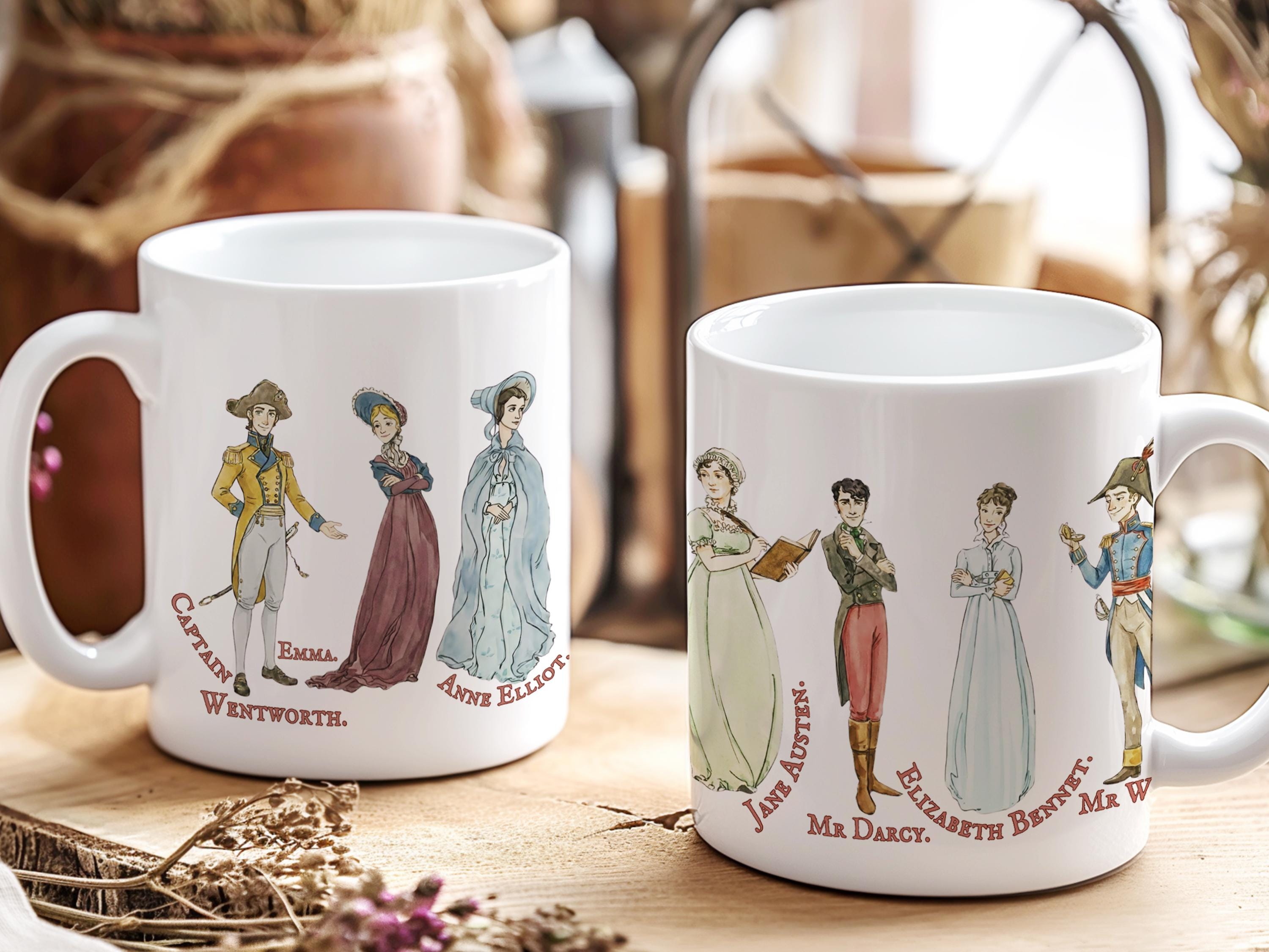 Jane Austen Mug Featuring Comfort Characters Mr Darcy Emma Wickham, Cozy Reader Coffee Cup, Pride and Prejudice Classical Literature Gift