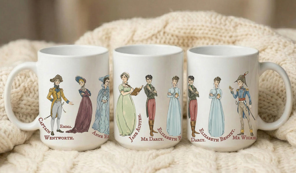 Jane Austen Mug Featuring Comfort Characters Mr Darcy Emma Wickham, Cozy Reader Coffee Cup, Pride and Prejudice Classical Literature Gift