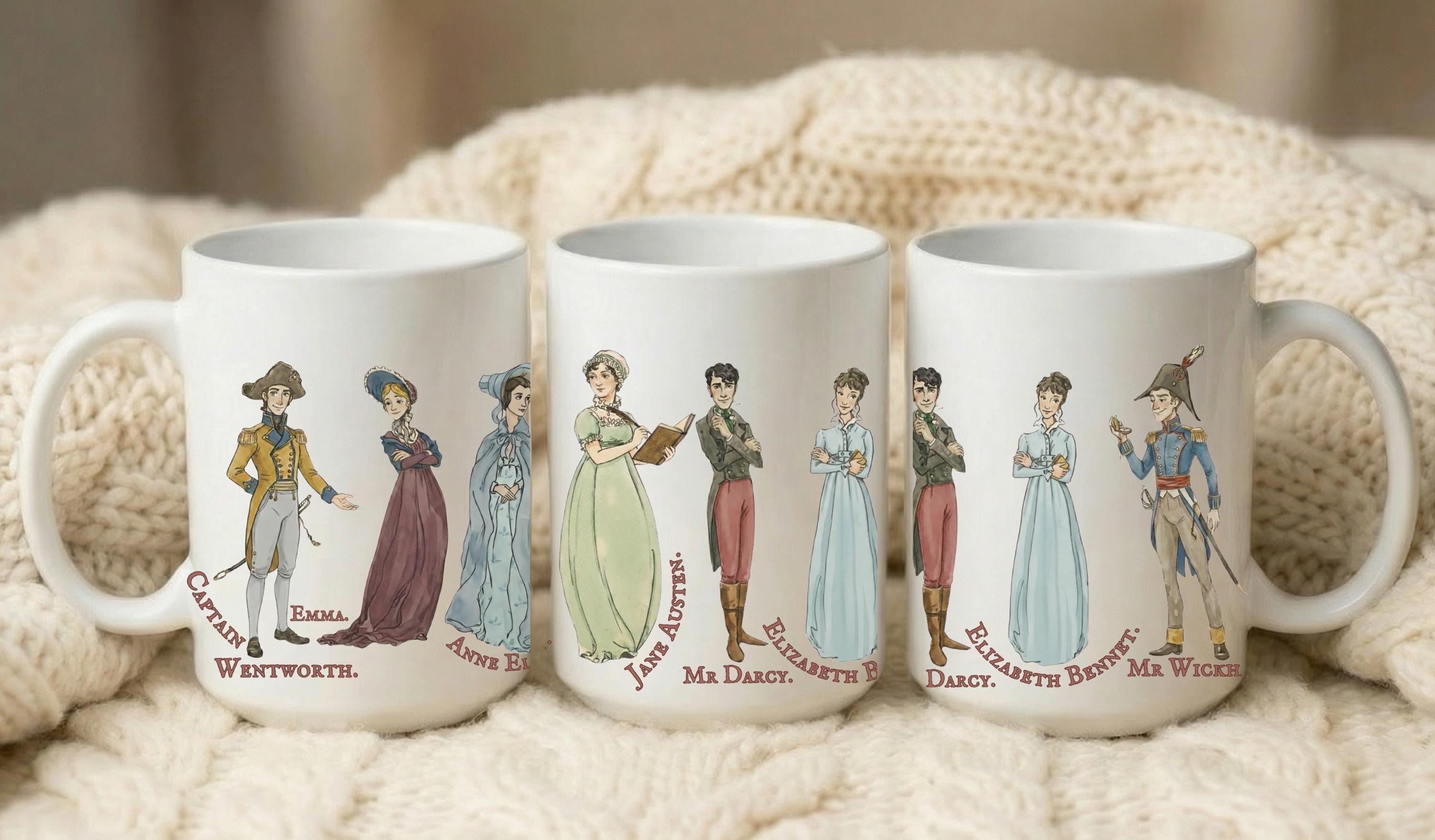 Jane Austen Mug Featuring Comfort Characters Mr Darcy Emma Wickham, Cozy Reader Coffee Cup, Pride and Prejudice Classical Literature Gift