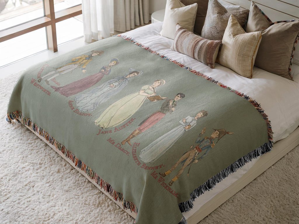 Jane Austen Blanket Featuring Comfort Characters Mr Darcy Elizabeth Bennet Emma & Pride and Prejudice for a Cozy Book Lover Janeite Gift