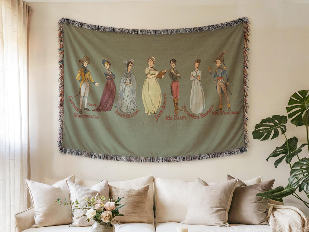 Jane Austen Blanket Featuring Comfort Characters Mr Darcy Elizabeth Bennet Emma & Pride and Prejudice for a Cozy Book Lover Janeite Gift