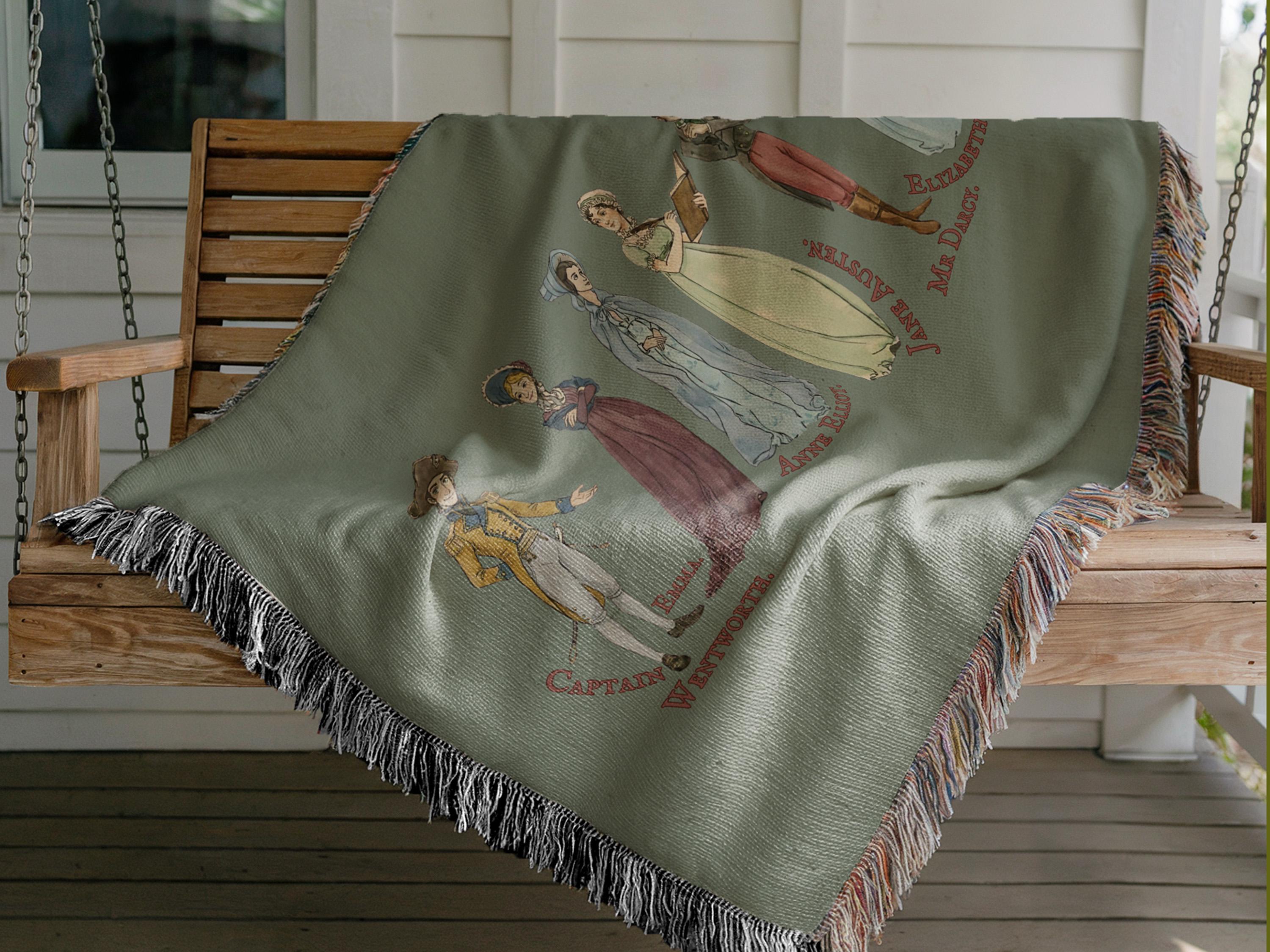 Jane Austen Blanket Featuring Comfort Characters Mr Darcy Elizabeth Bennet Emma & Pride and Prejudice for a Cozy Book Lover Janeite Gift
