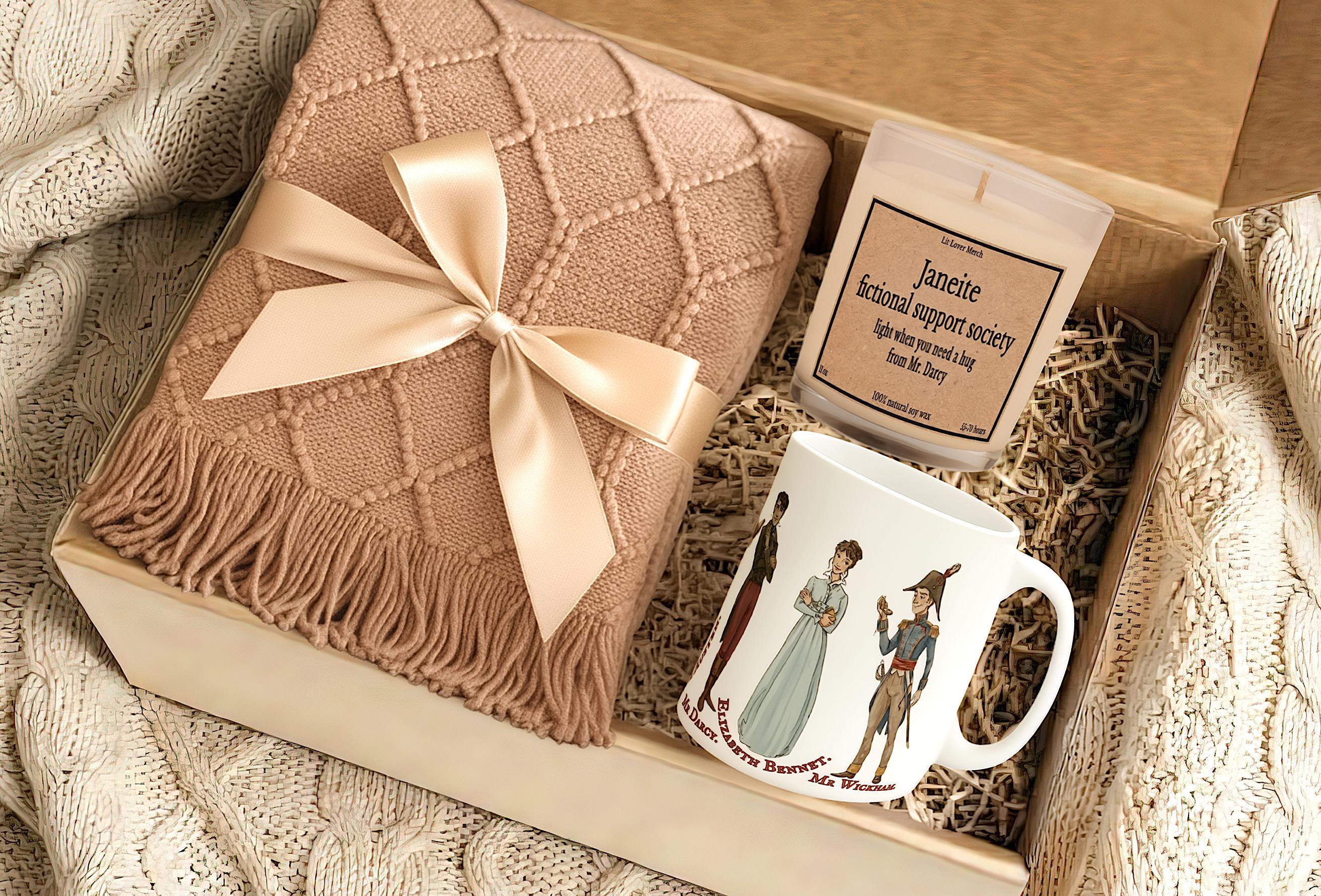Jane Austen Comfort Characters Care Package, Janeite Hug in a Box Cozy Blanket Mug Candle Hygge Gift Box for Mr Darcy Pride Prejudice Reader