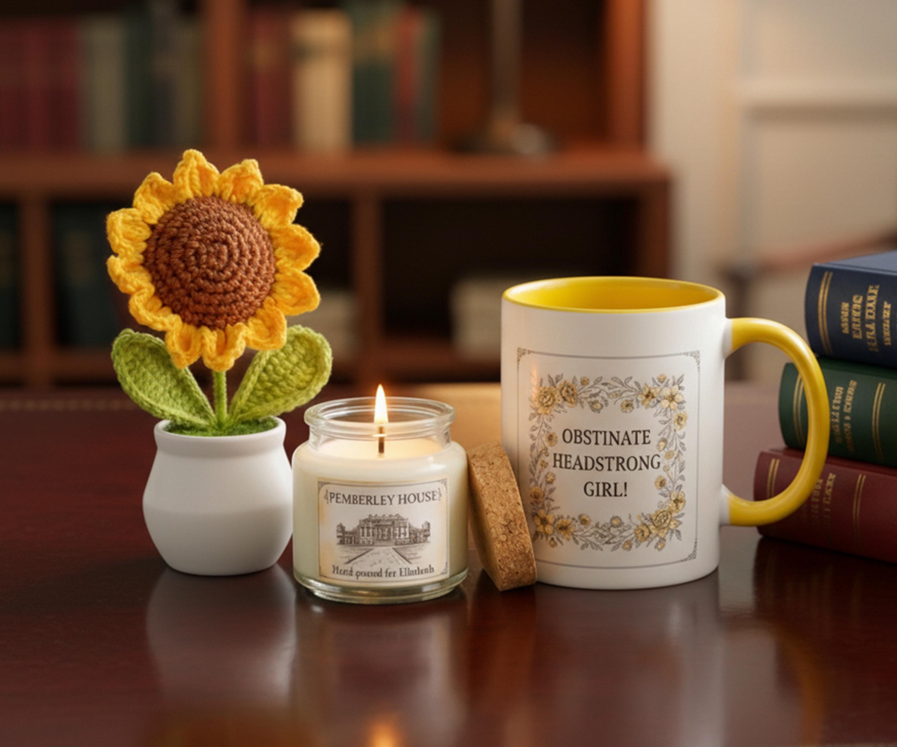 Personalized Jane Austen Care Package With Custom Name Pemberley Candle, Obstinate Headstrong Girl Mug & Crotched Sunflower Hug in a Box