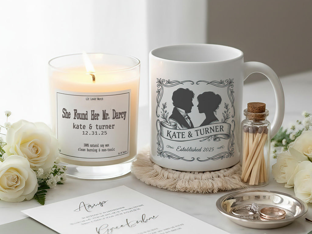 Personalized Jane Austen Gift Set, Pride and Prejudice Candle Mug for Romantic Readers, Custom Literary Wedding Present for Mr Darcy Fans
