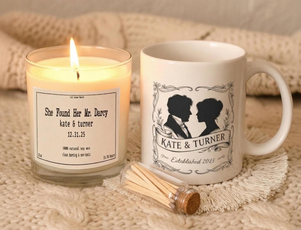 Personalized Jane Austen Wedding Gift Set, Engagement Pride and Prejudice Candle Mug, Custom Literary Wedding Present for Mr Darcy Fans