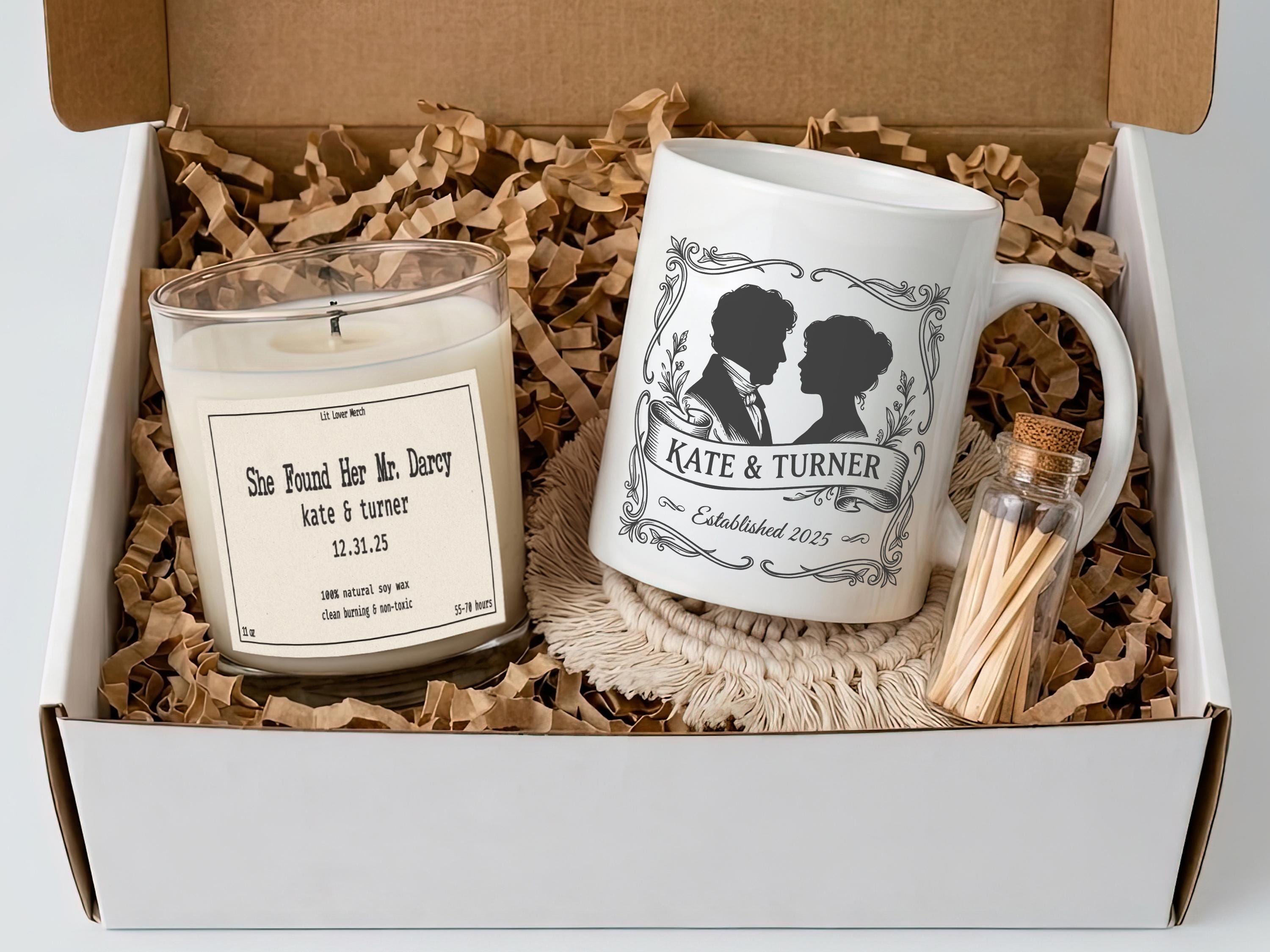 Personalized Jane Austen Wedding Gift Set, Engagement Pride and Prejudice Candle Mug, Custom Literary Wedding Present for Mr Darcy Fans