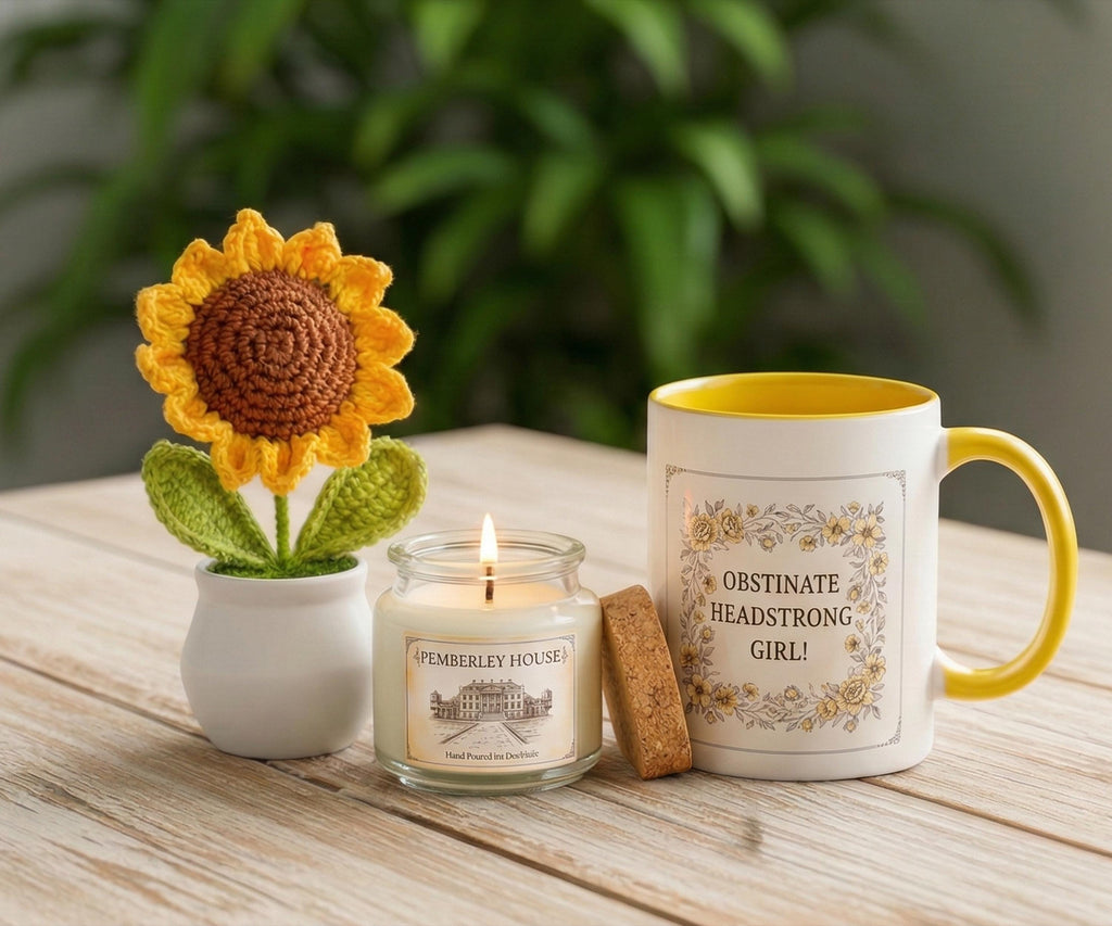 Personalized Jane Austen Care Package With Custom Name Pemberley Candle, Obstinate Headstrong Girl Mug & Crotched Sunflower Hug in a Box