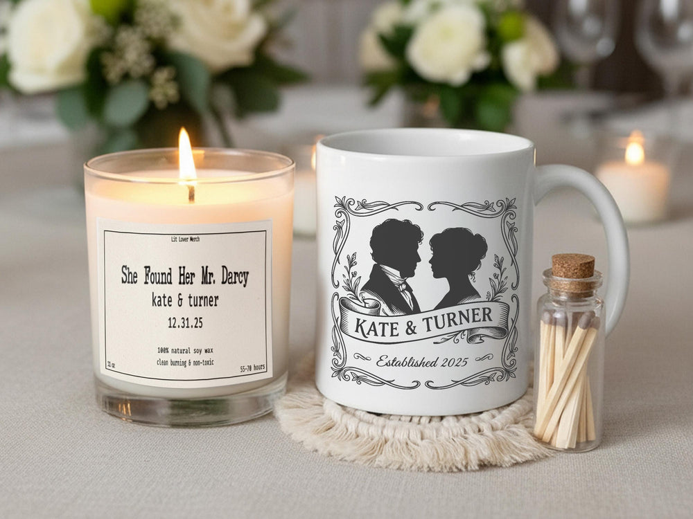 Jane Austen Engagement Gift Set, Personalized Darcy Candle