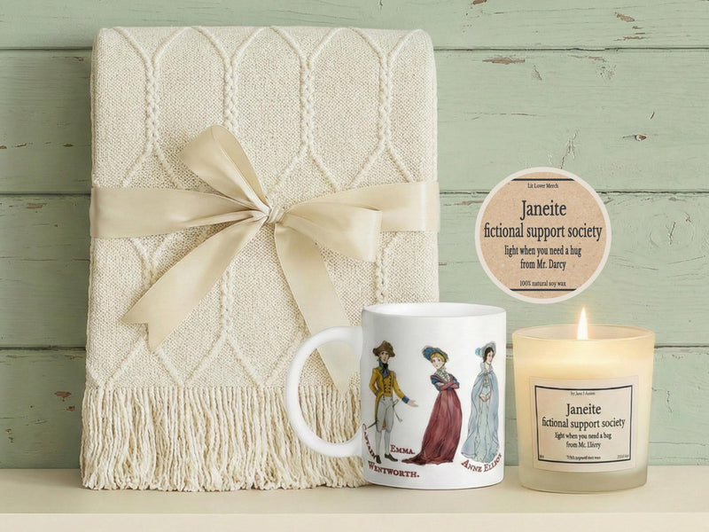 Jane Austen gift set with a folded blanket, character mug, and soy candle