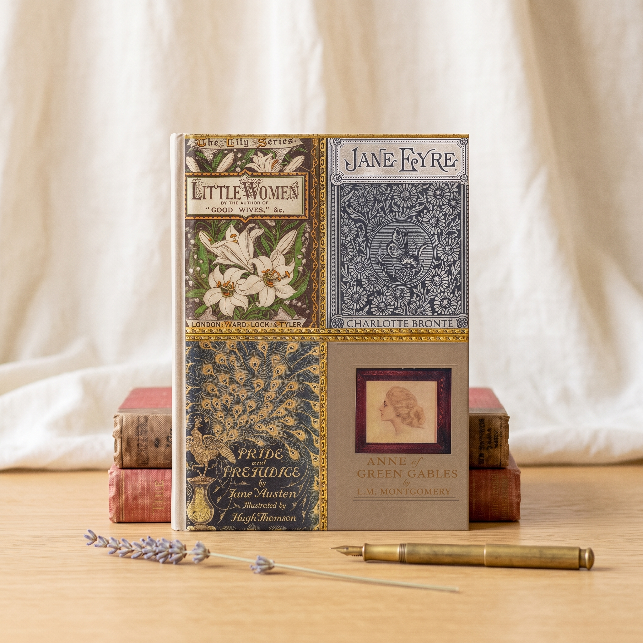 Hardcover notebook with vintage covers of Little Women, Jane Eyre, Pride and Prejudice and Anne of Green Gables, a gift for classic literature lovers
